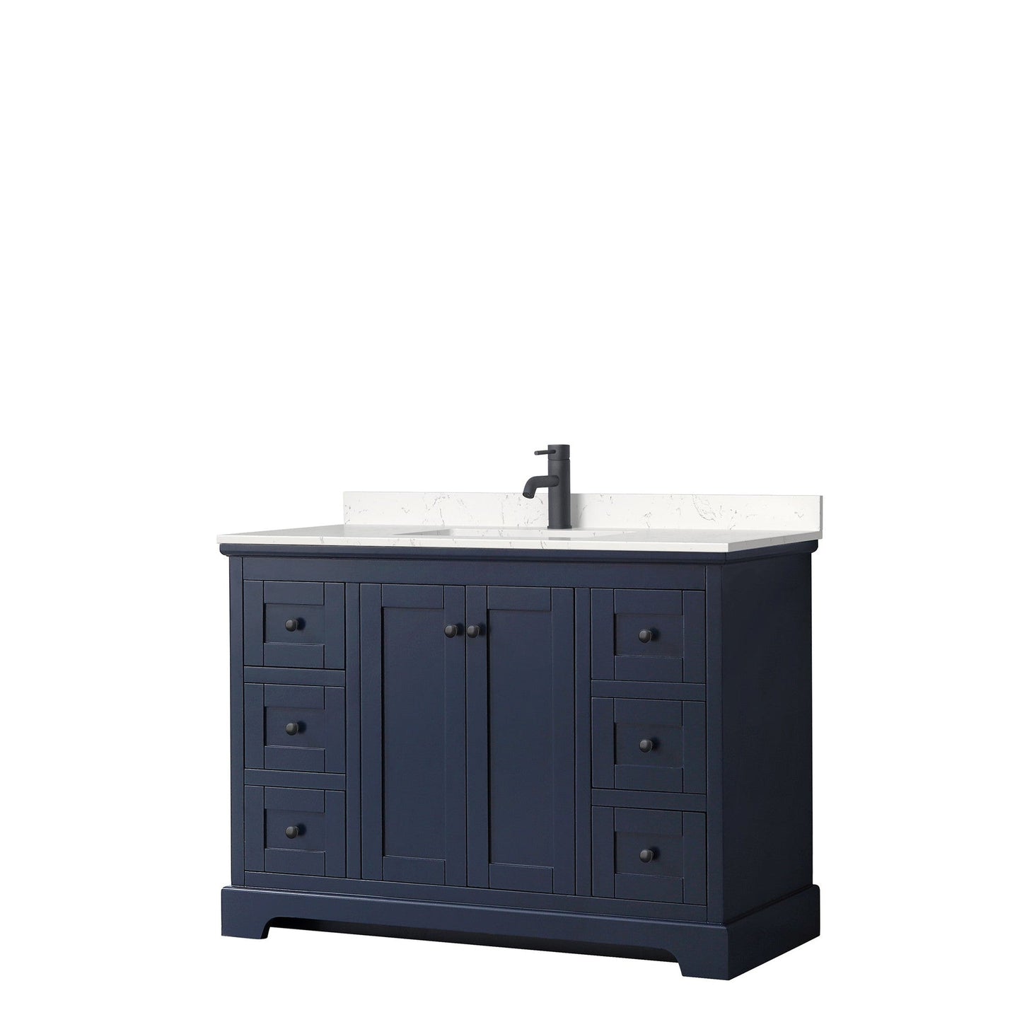 Wyndham Collection Avery 48" Single Bathroom Vanity in Dark Blue, Carrara Cultured Marble Countertop, Undermount Square Sink, Matte Black Trim