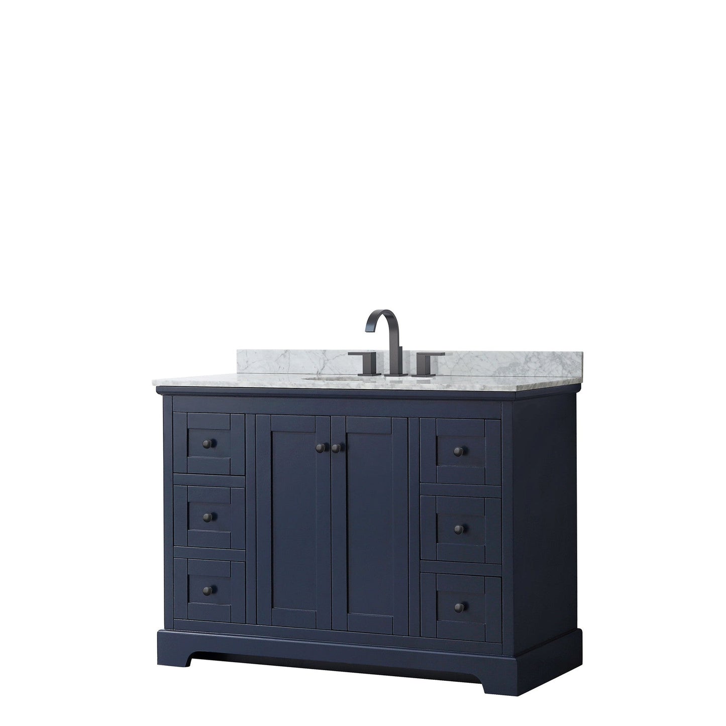 Wyndham Collection Avery 48" Single Bathroom Vanity in Dark Blue, White Carrara Marble Countertop, Undermount Oval Sink, Matte Black Trim