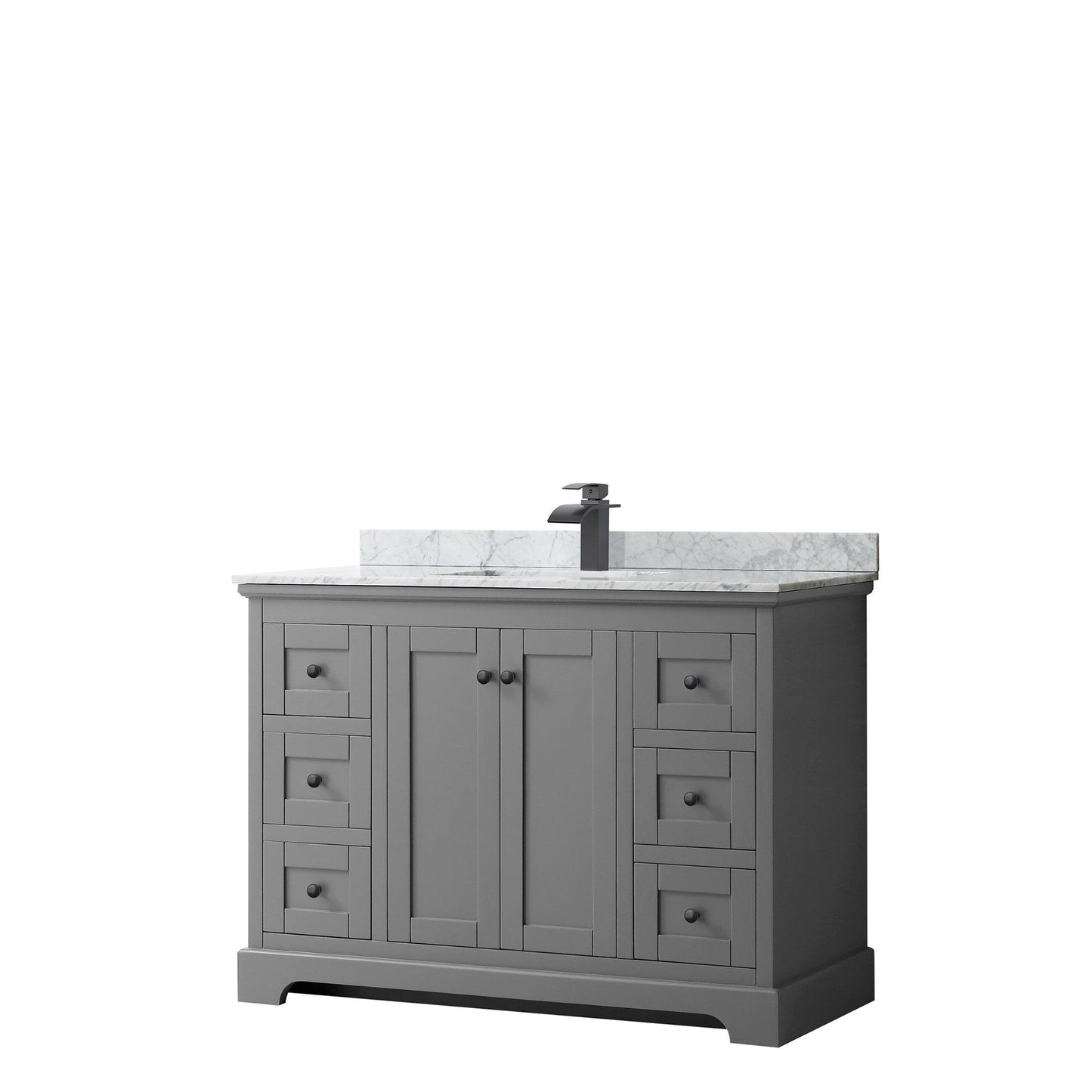 Wyndham Collection Avery 48" Single Bathroom Vanity in Dark Gray, White Carrara Marble Countertop, Undermount Square Sink, Matte Black Trim