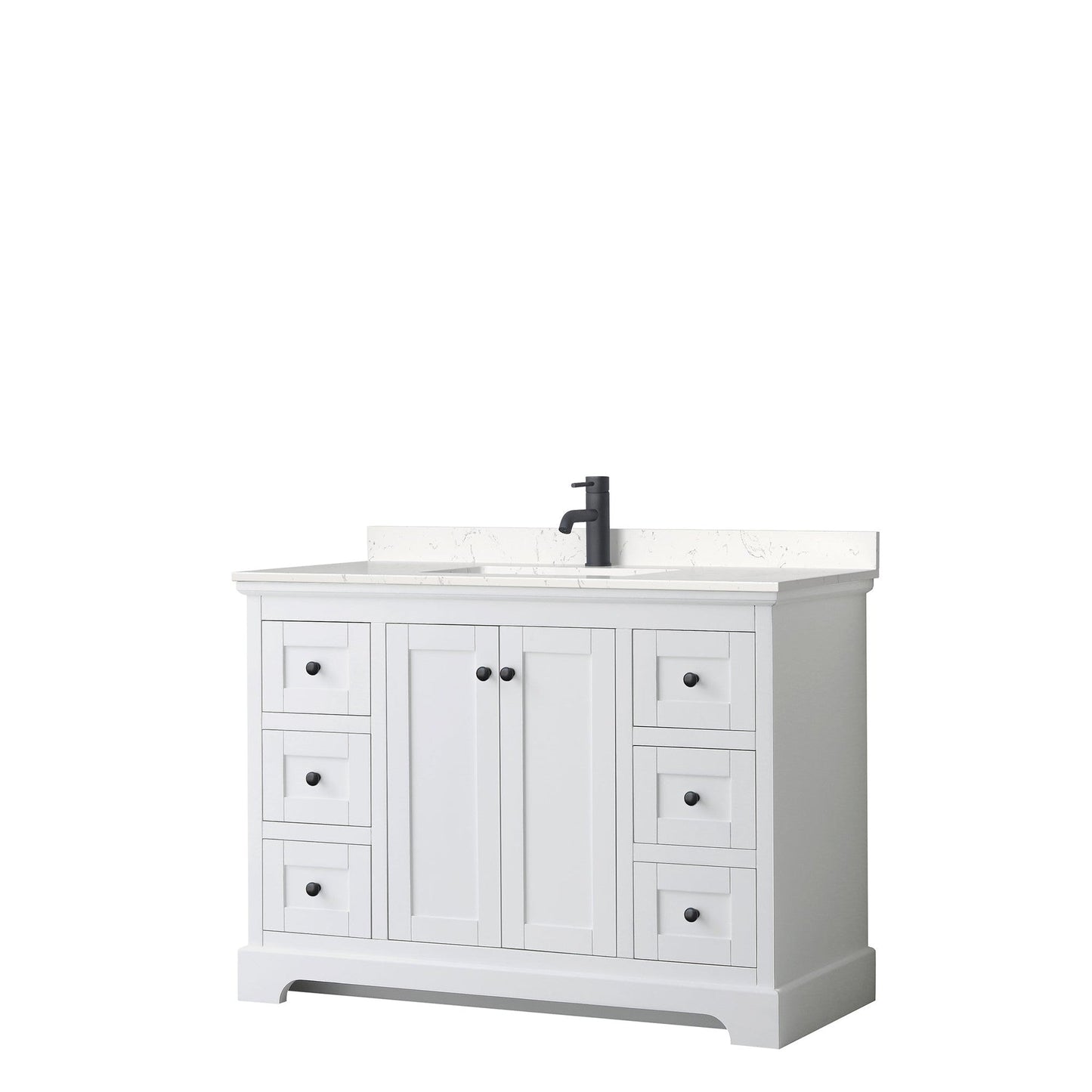 Wyndham Collection Avery 48" Single Bathroom Vanity in White, Carrara Cultured Marble Countertop, Undermount Square Sink, Matte Black Trim