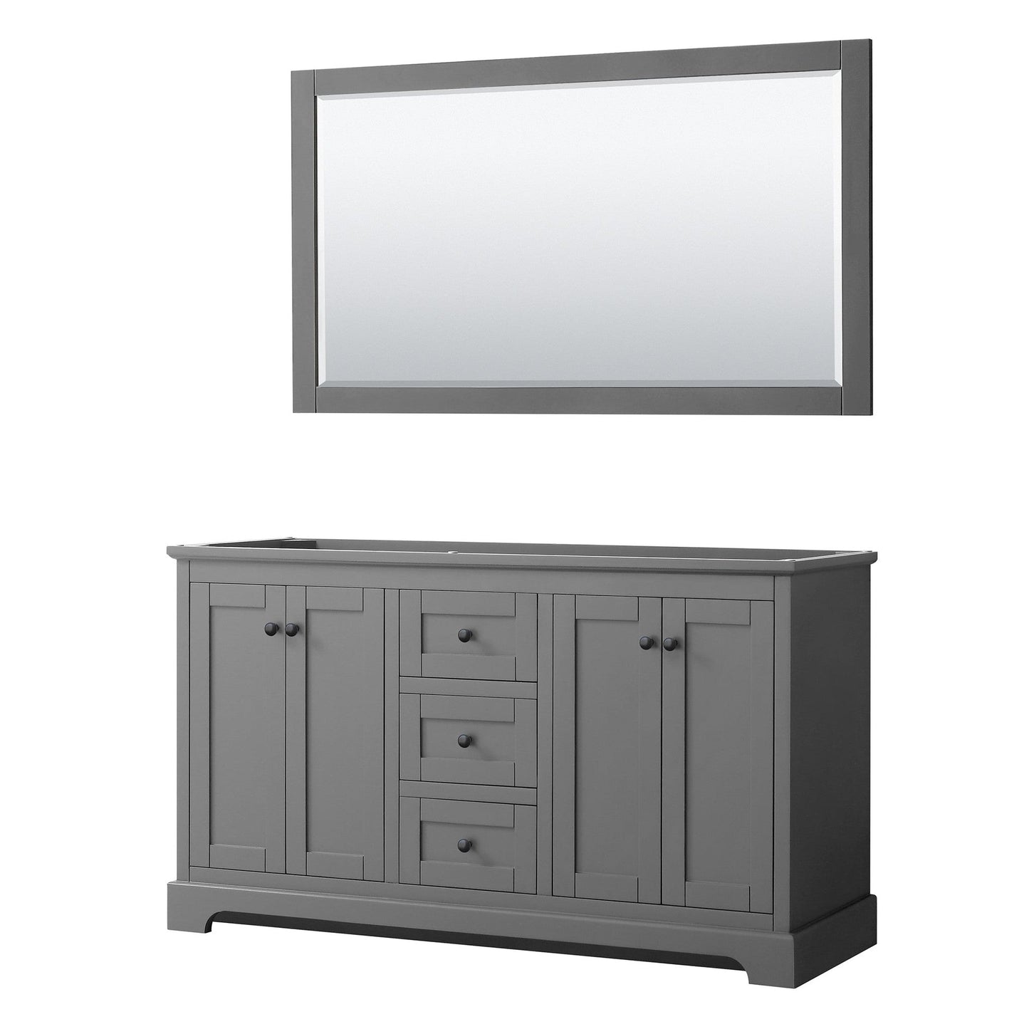 Wyndham Collection Avery 60" Double Bathroom Vanity in Dark Gray, No Countertop, No Sinks, Matte Black Trim, 58" Mirror