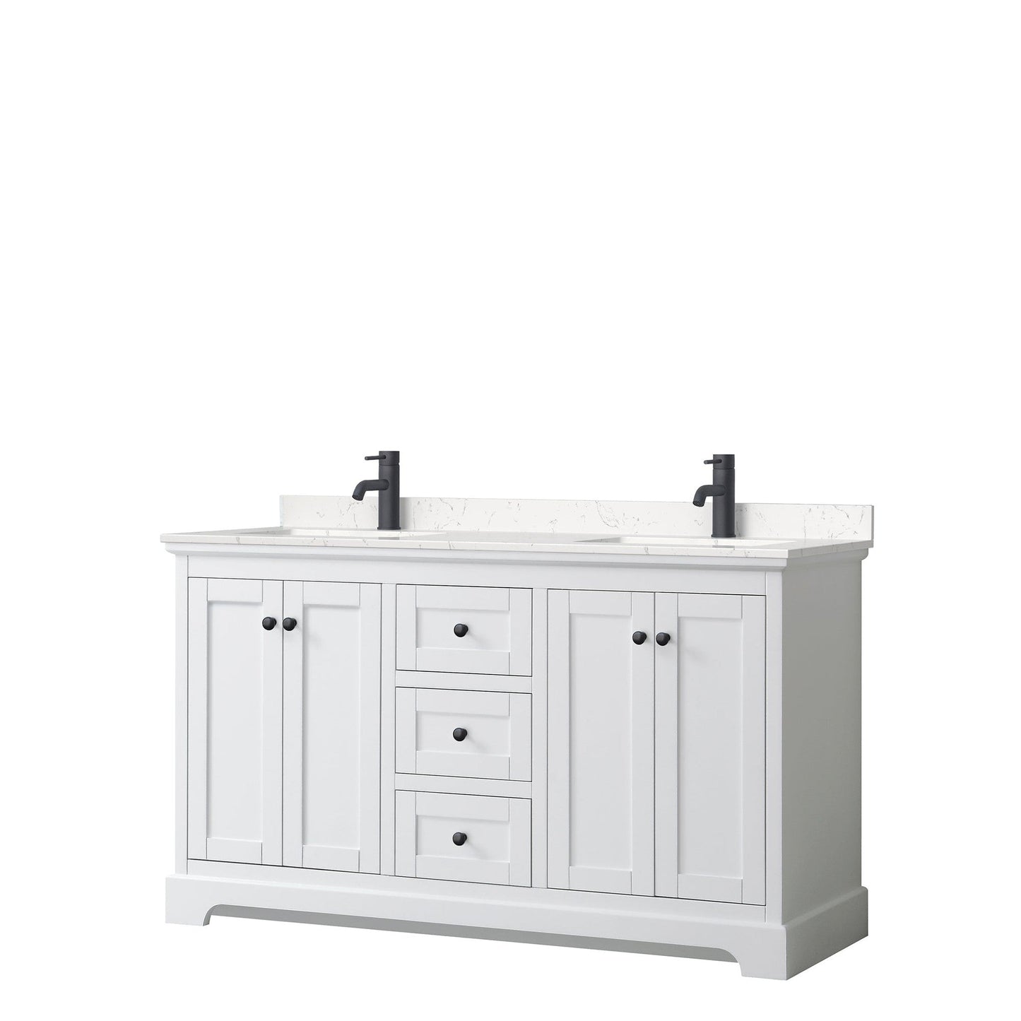 Wyndham Collection Avery 60" Double Bathroom Vanity in White, Carrara Cultured Marble Countertop, Undermount Square Sinks, Matte Black Trim