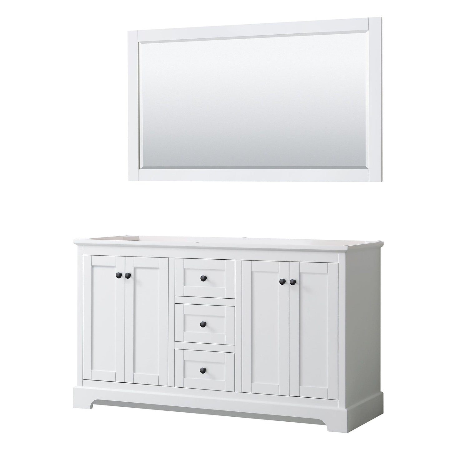 Wyndham Collection Avery 60" Double Bathroom Vanity in White, No Countertop, No Sinks, Matte Black Trim, 58" Mirror