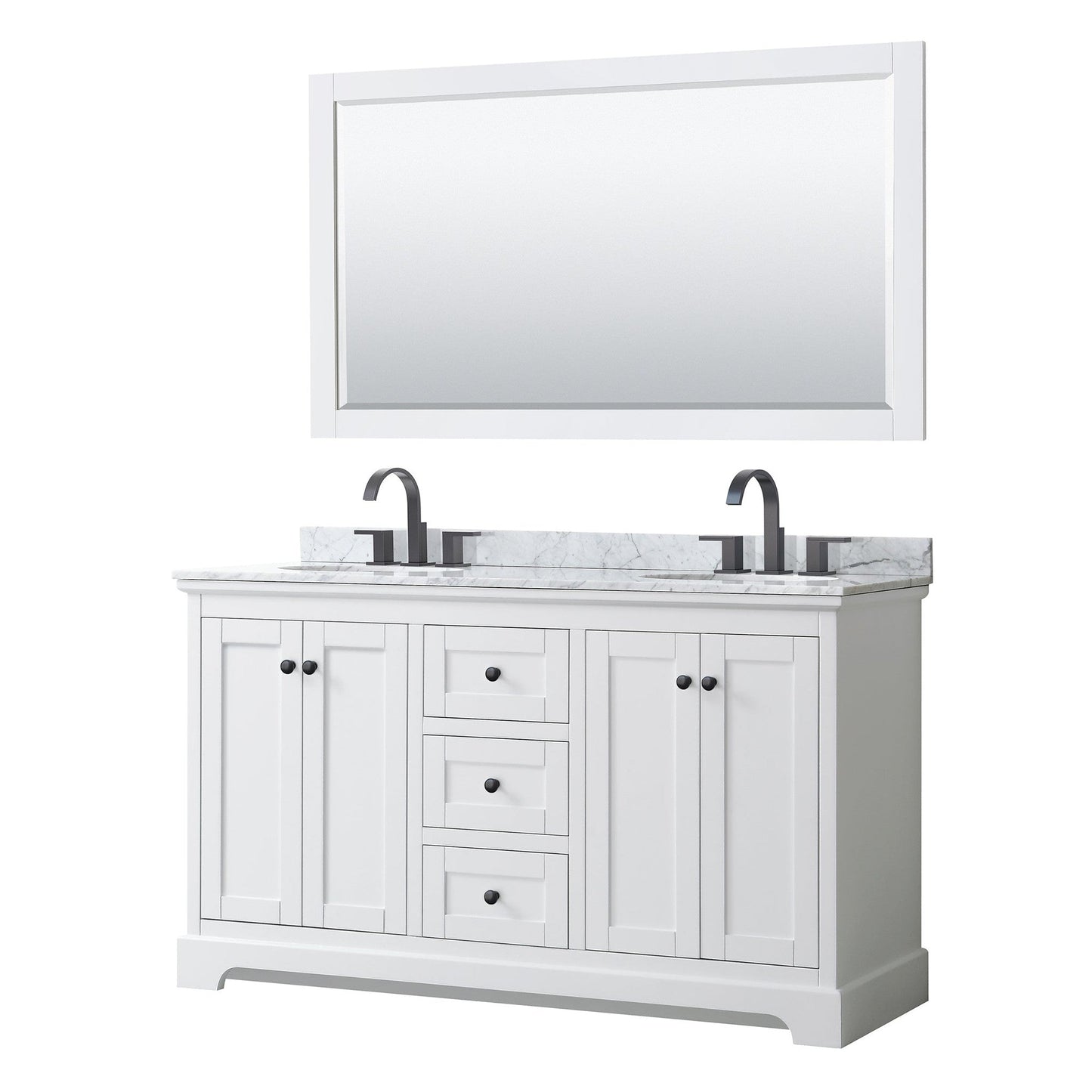 Wyndham Collection Avery 60" Double Bathroom Vanity in White, White Carrara Marble Countertop, Undermount Oval Sinks, Matte Black Trim, 58" Mirror