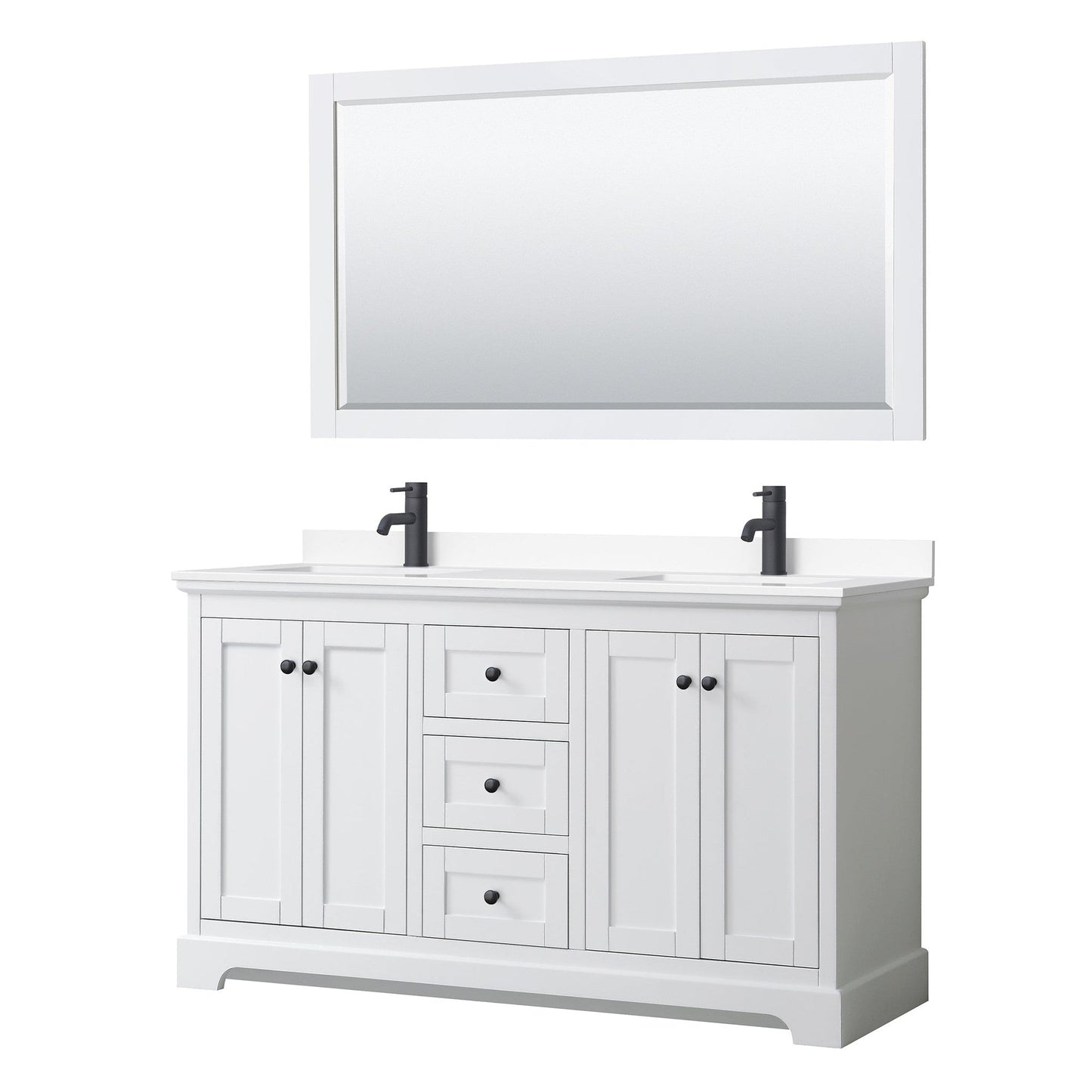 Wyndham Collection Avery 60" Double Bathroom Vanity in White, White Cultured Marble Countertop, Undermount Square Sinks, Matte Black Trim, 58" Mirror