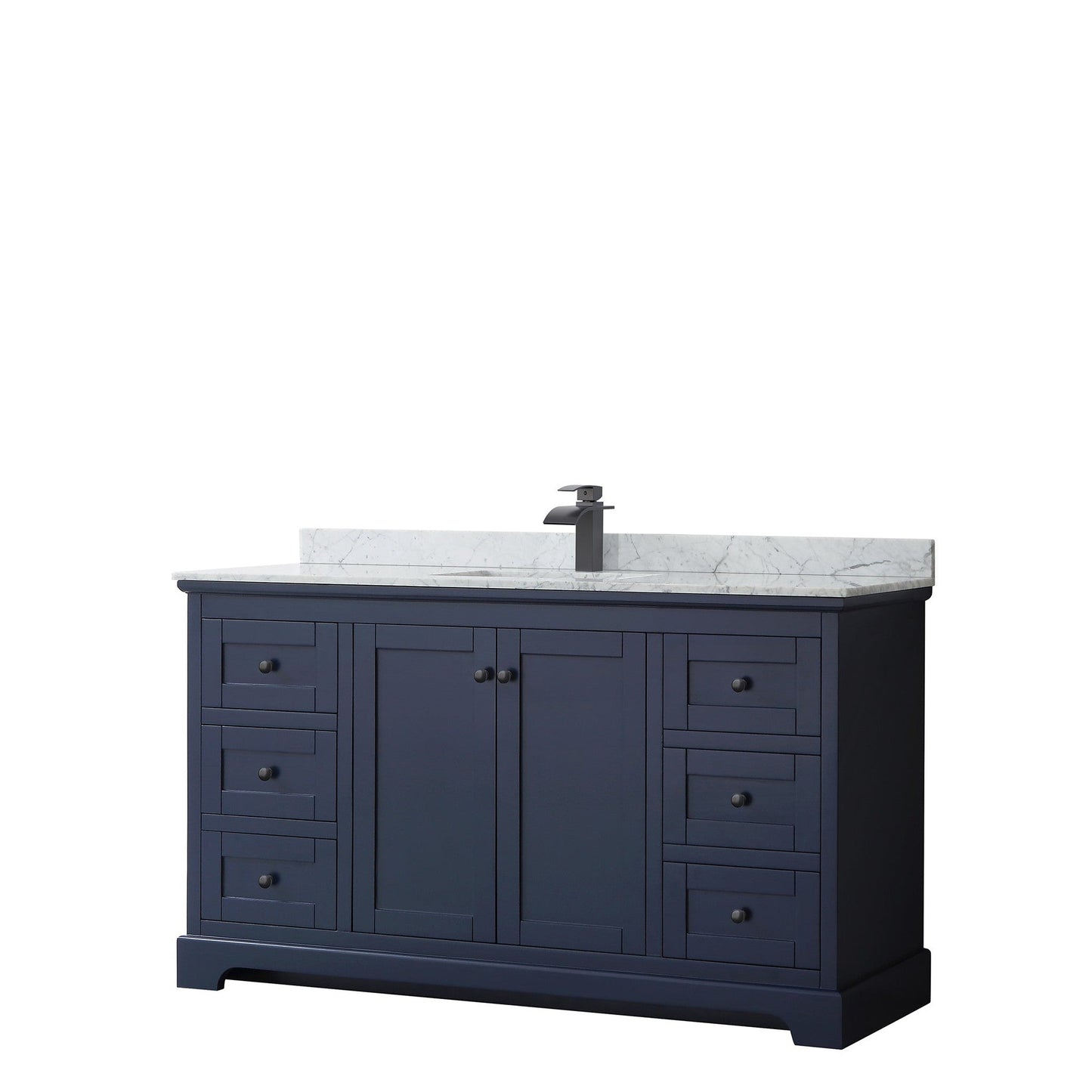 Wyndham Collection Avery 60" Single Bathroom Vanity in Dark Blue, White Carrara Marble Countertop, Undermount Square Sink, Matte Black Trim