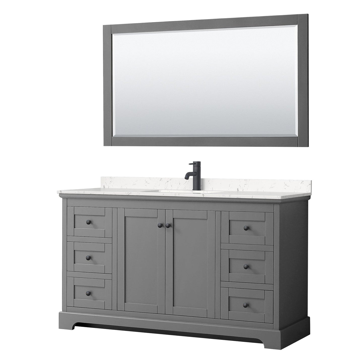 Wyndham Collection Avery 60" Single Bathroom Vanity in Dark Gray, Carrara Cultured Marble Countertop, Undermount Square Sink, Matte Black Trim, 58" Mirror