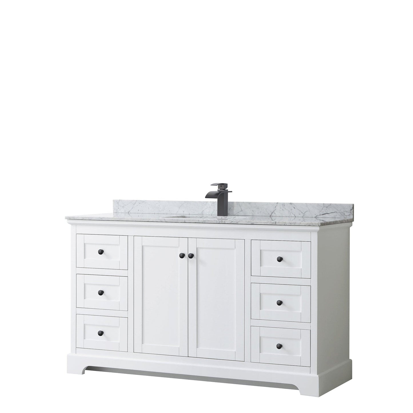 Wyndham Collection Avery 60" Single Bathroom Vanity in White, White Carrara Marble Countertop, Undermount Square Sink, Matte Black Trim