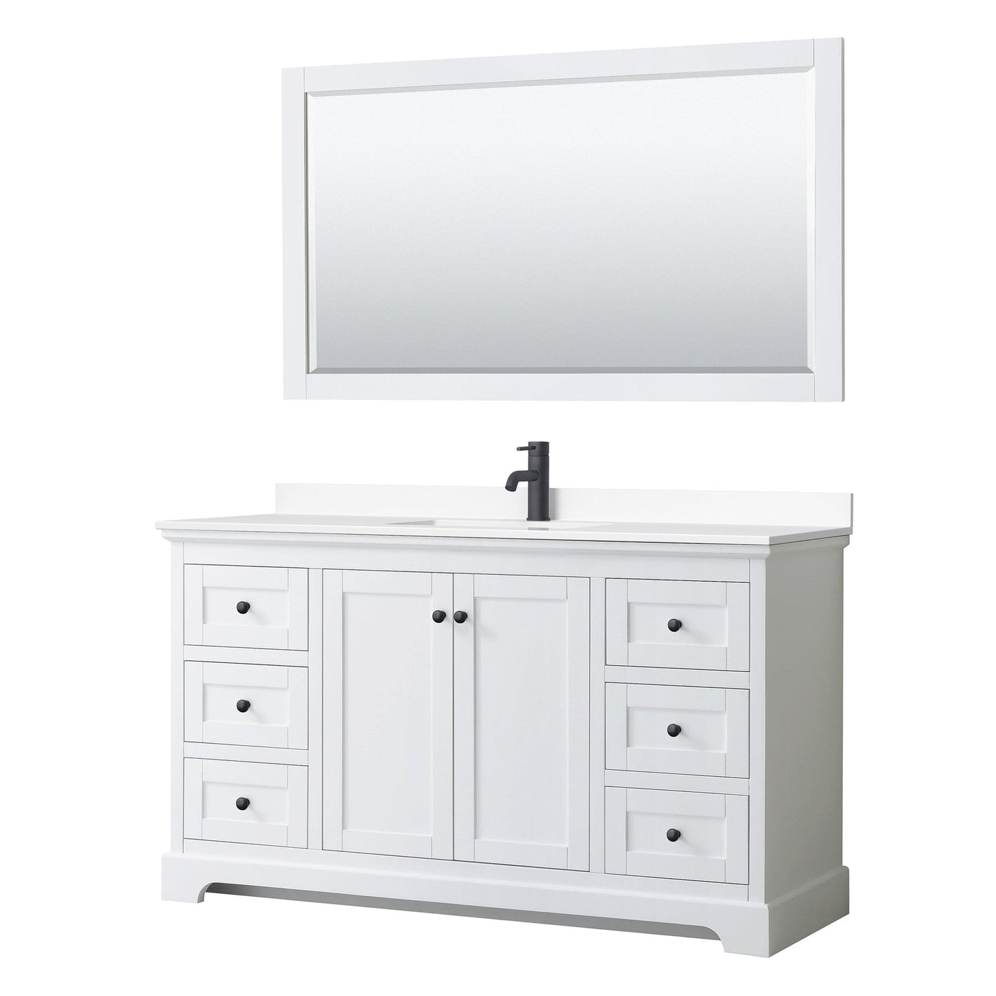 Wyndham Collection Avery 60" Single Bathroom Vanity in White, White Cultured Marble Countertop, Undermount Square Sink, Matte Black Trim, 58" Mirror