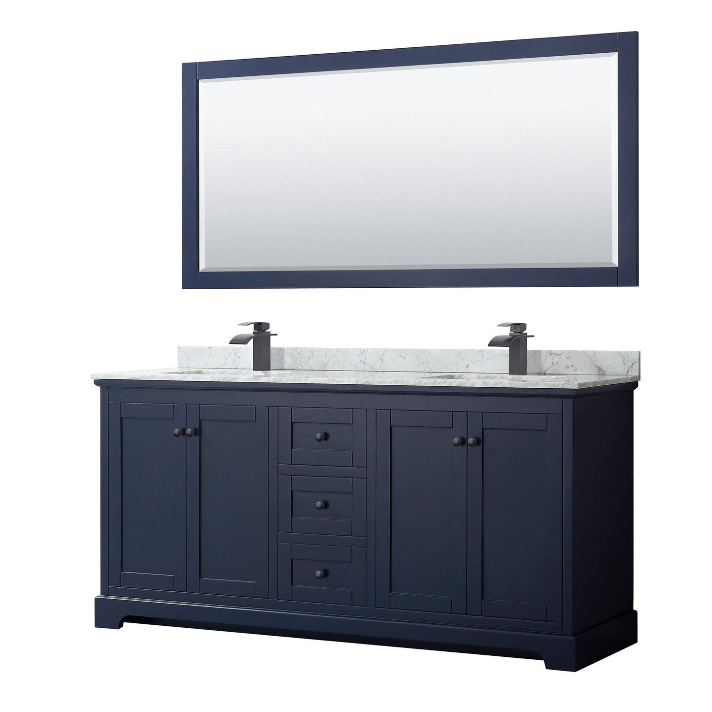 Wyndham Collection Avery 72" Double Bathroom Vanity in Dark Blue, White Carrara Marble Countertop, Undermount Square Sinks, Matte Black Trim, 70" Mirror