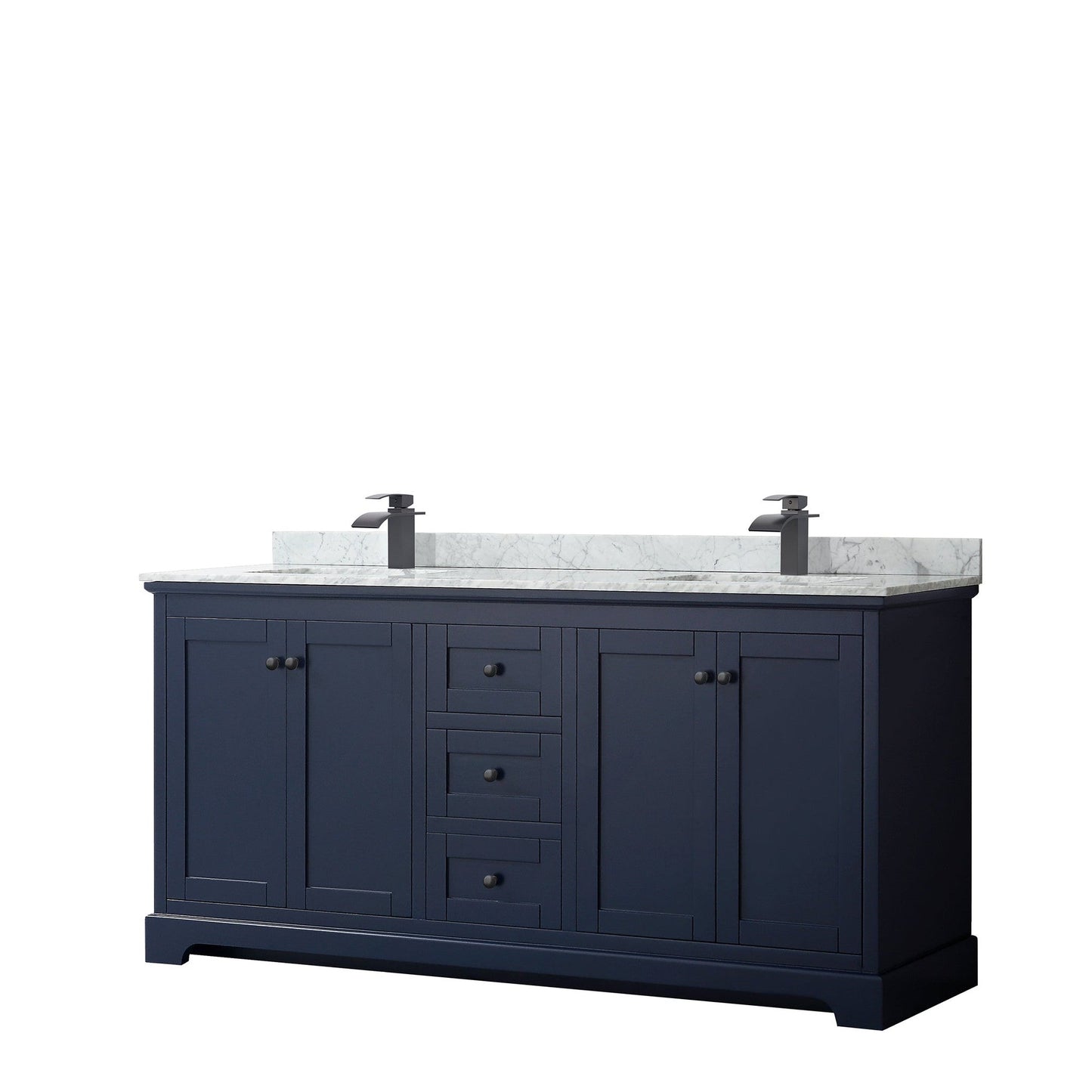 Wyndham Collection Avery 72" Double Bathroom Vanity in Dark Blue, White Carrara Marble Countertop, Undermount Square Sinks, Matte Black Trim