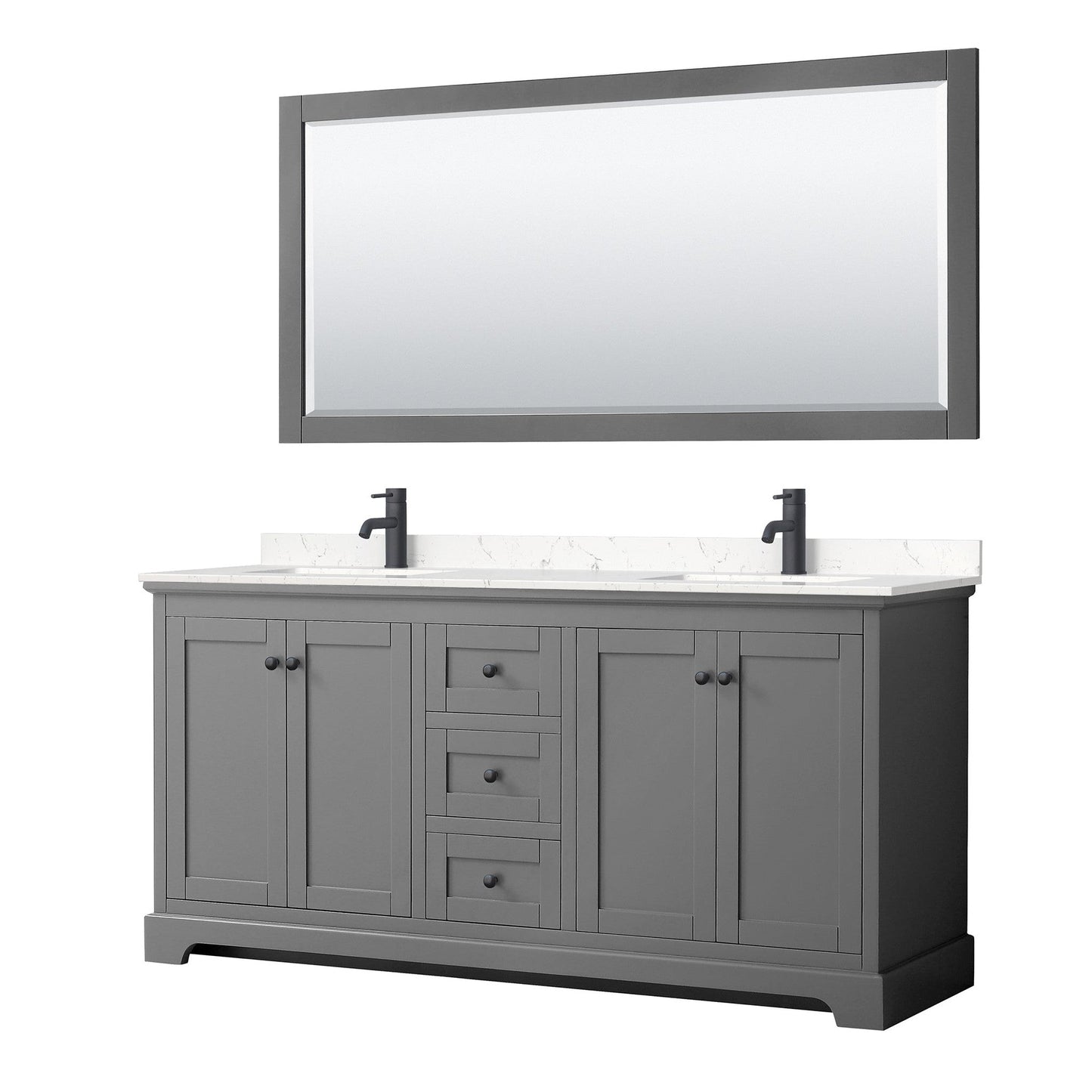 Wyndham Collection Avery 72" Double Bathroom Vanity in Dark Gray, Carrara Cultured Marble Countertop, Undermount Square Sinks, Matte Black Trim, 70" Mirror