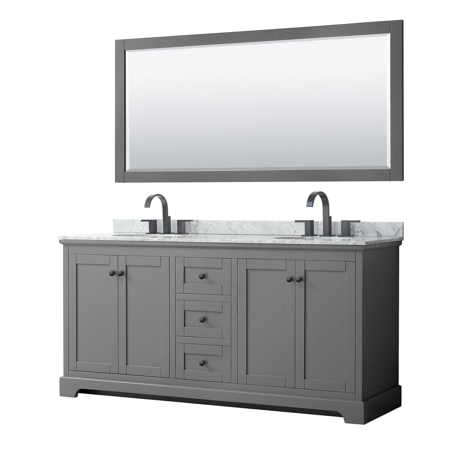 Wyndham Collection Avery 72" Double Bathroom Vanity in Dark Gray, White Carrara Marble Countertop, Undermount Oval Sinks, Matte Black Trim, 70" Mirror