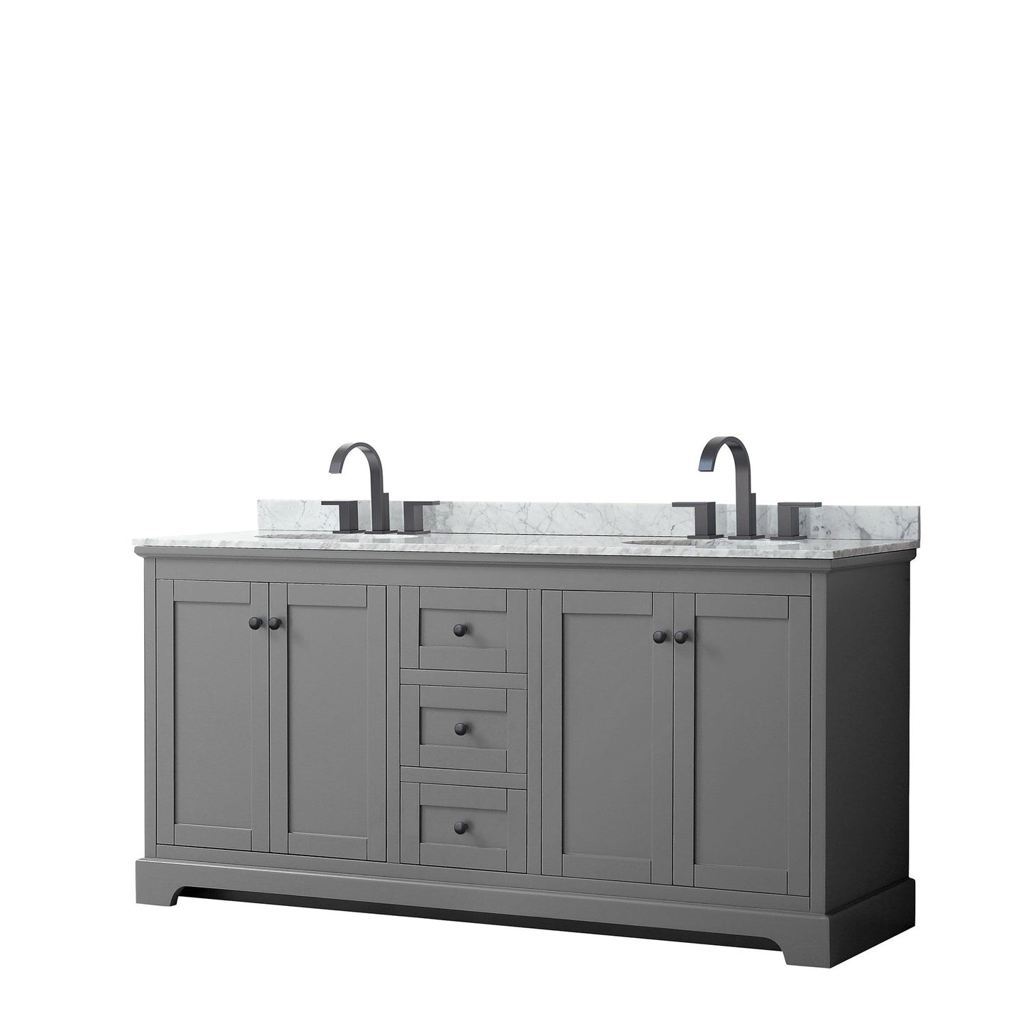 Wyndham Collection Avery 72" Double Bathroom Vanity in Dark Gray, White Carrara Marble Countertop, Undermount Oval Sinks, Matte Black Trim