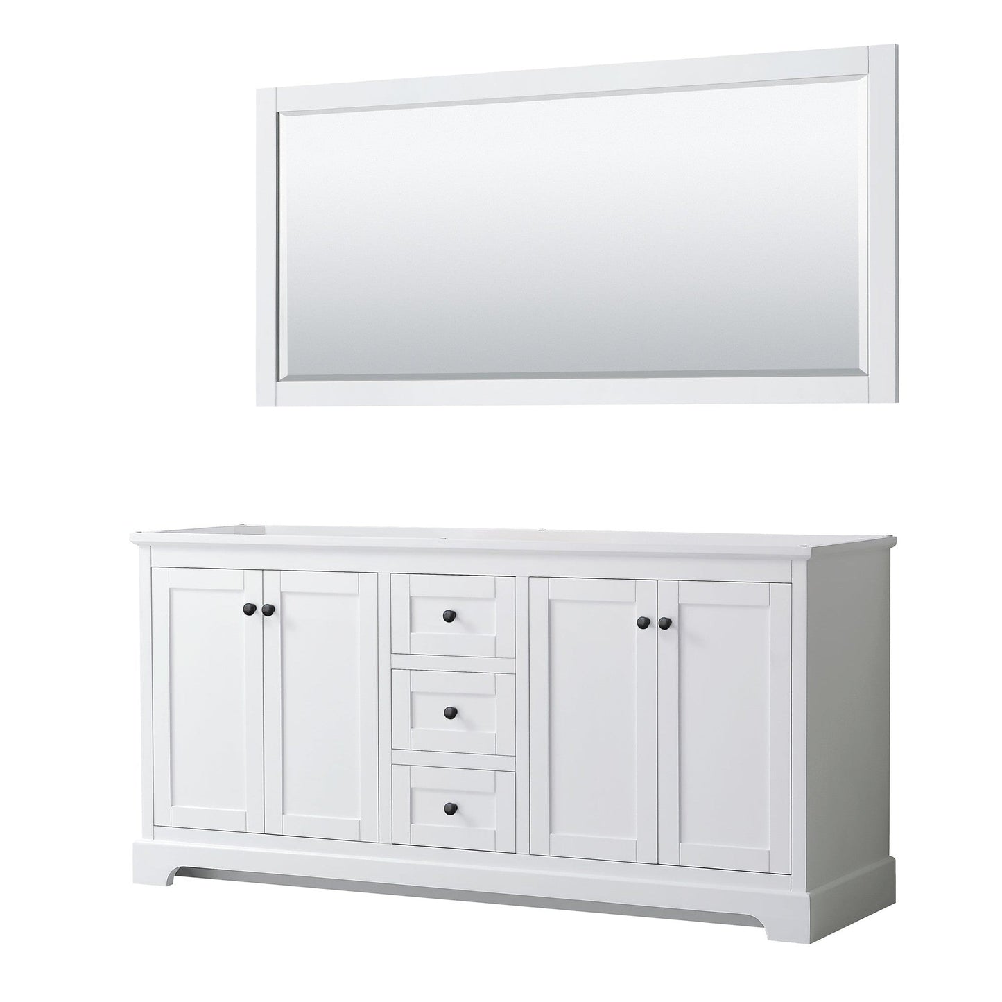 Wyndham Collection Avery 72" Double Bathroom Vanity in White, No Countertop, No Sinks, Matte Black Trim, 70" Mirror