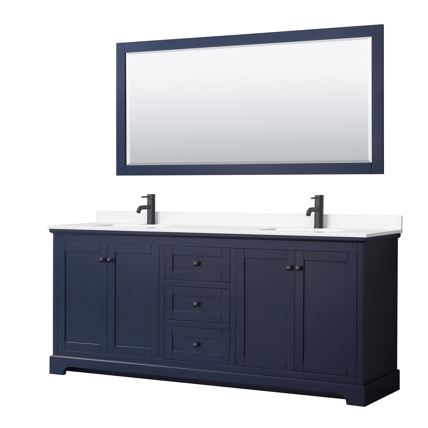 Wyndham Collection Avery 80" Double Bathroom Vanity in Dark Blue, White Cultured Marble Countertop, Undermount Square Sinks, Matte Black Trim, 70" Mirror