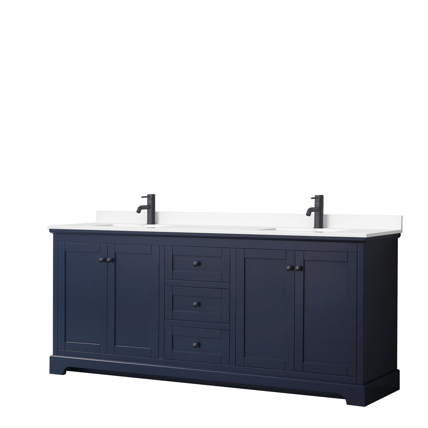 Wyndham Collection Avery 80" Double Bathroom Vanity in Dark Blue, White Cultured Marble Countertop, Undermount Square Sinks, Matte Black Trim