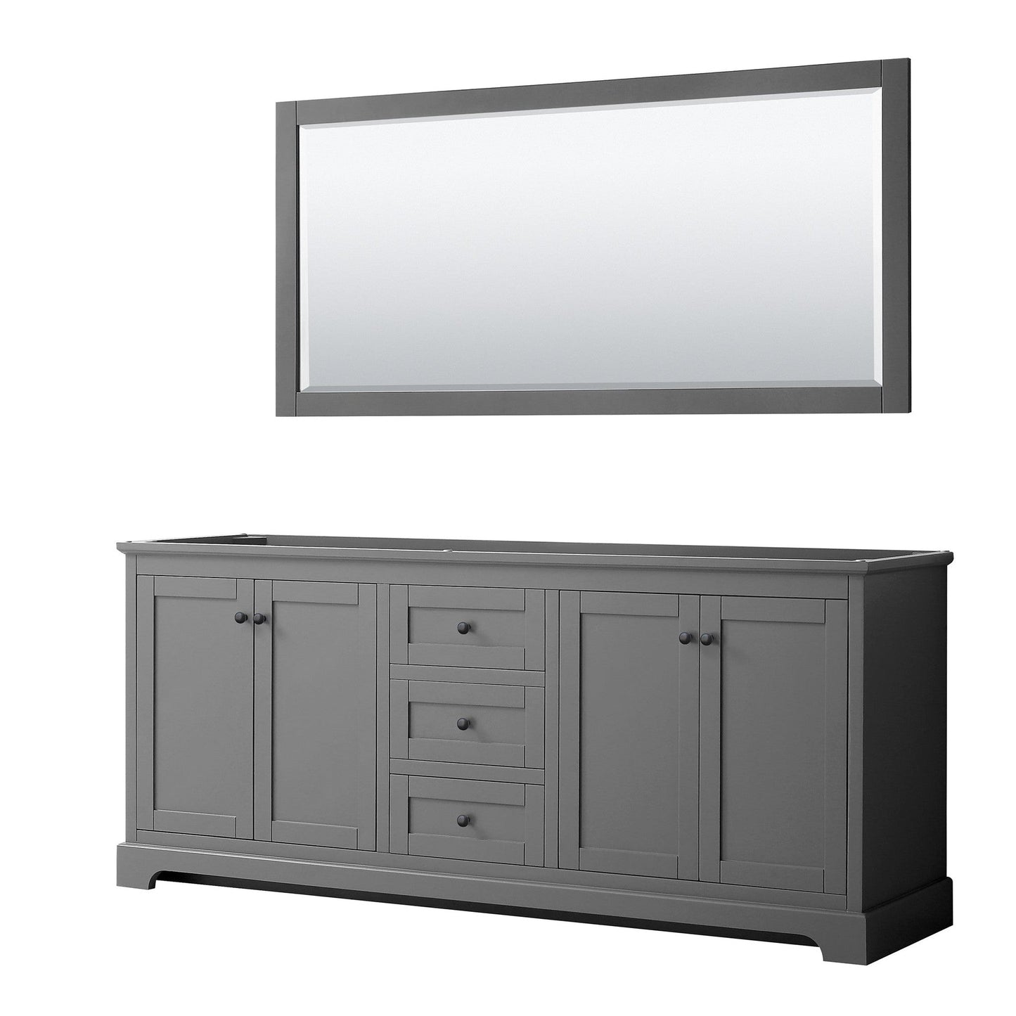 Wyndham Collection Avery 80" Double Bathroom Vanity in Dark Gray, No Countertop, No Sinks, Matte Black Trim, 70" Mirror