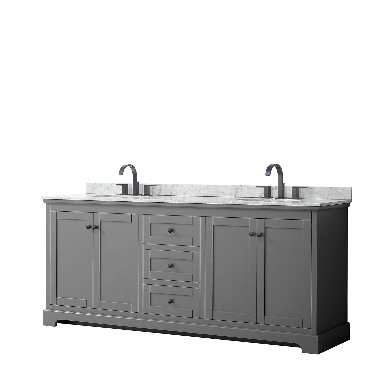 Wyndham Collection Avery 80" Double Bathroom Vanity in Dark Gray, White Carrara Marble Countertop, Undermount Oval Sinks, Matte Black Trim