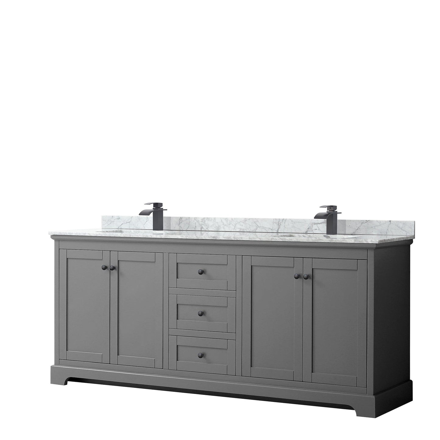 Wyndham Collection Avery 80" Double Bathroom Vanity in Dark Gray, White Carrara Marble Countertop, Undermount Square Sinks, Matte Black Trim