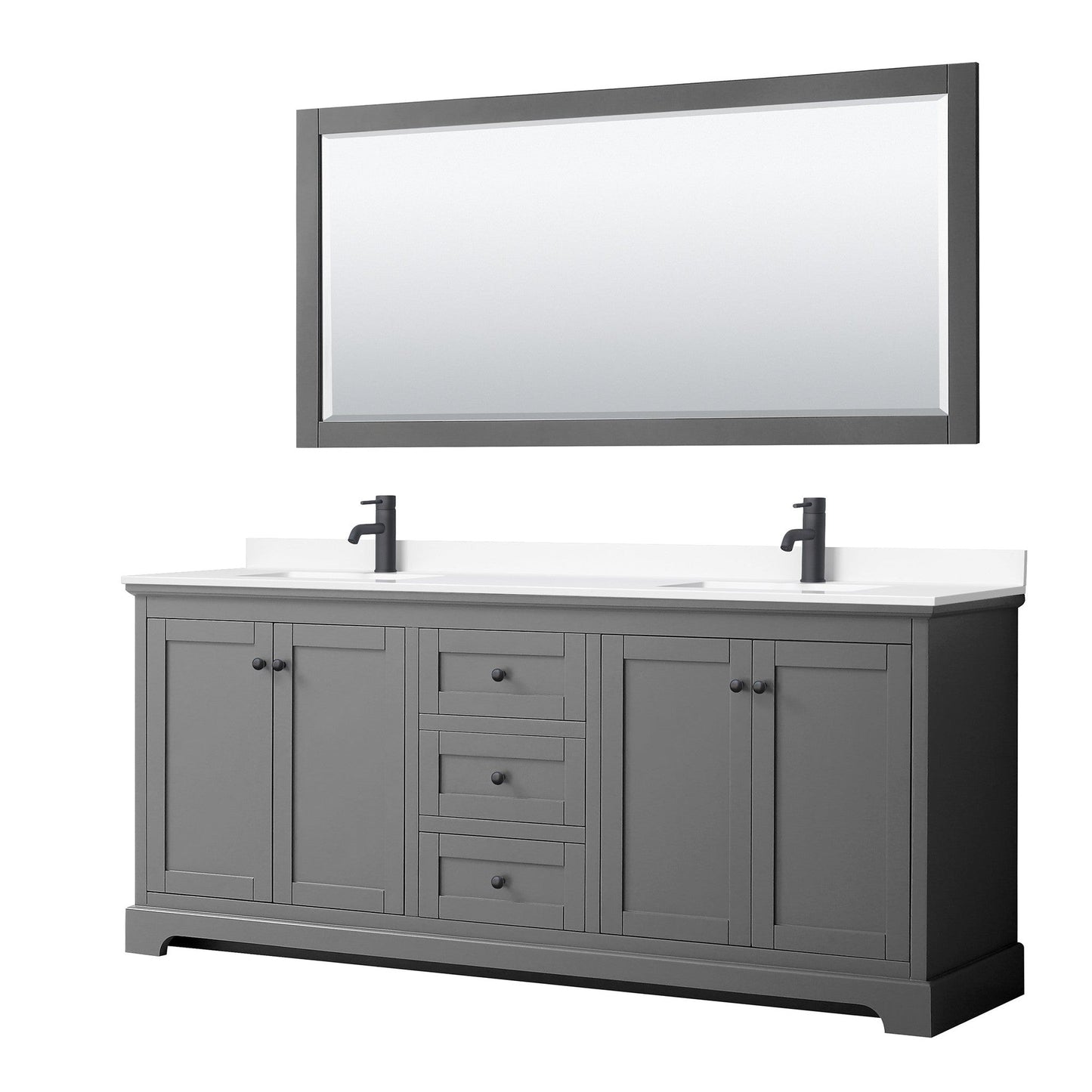 Wyndham Collection Avery 80" Double Bathroom Vanity in Dark Gray, White Cultured Marble Countertop, Undermount Square Sinks, Matte Black Trim, 70" Mirror