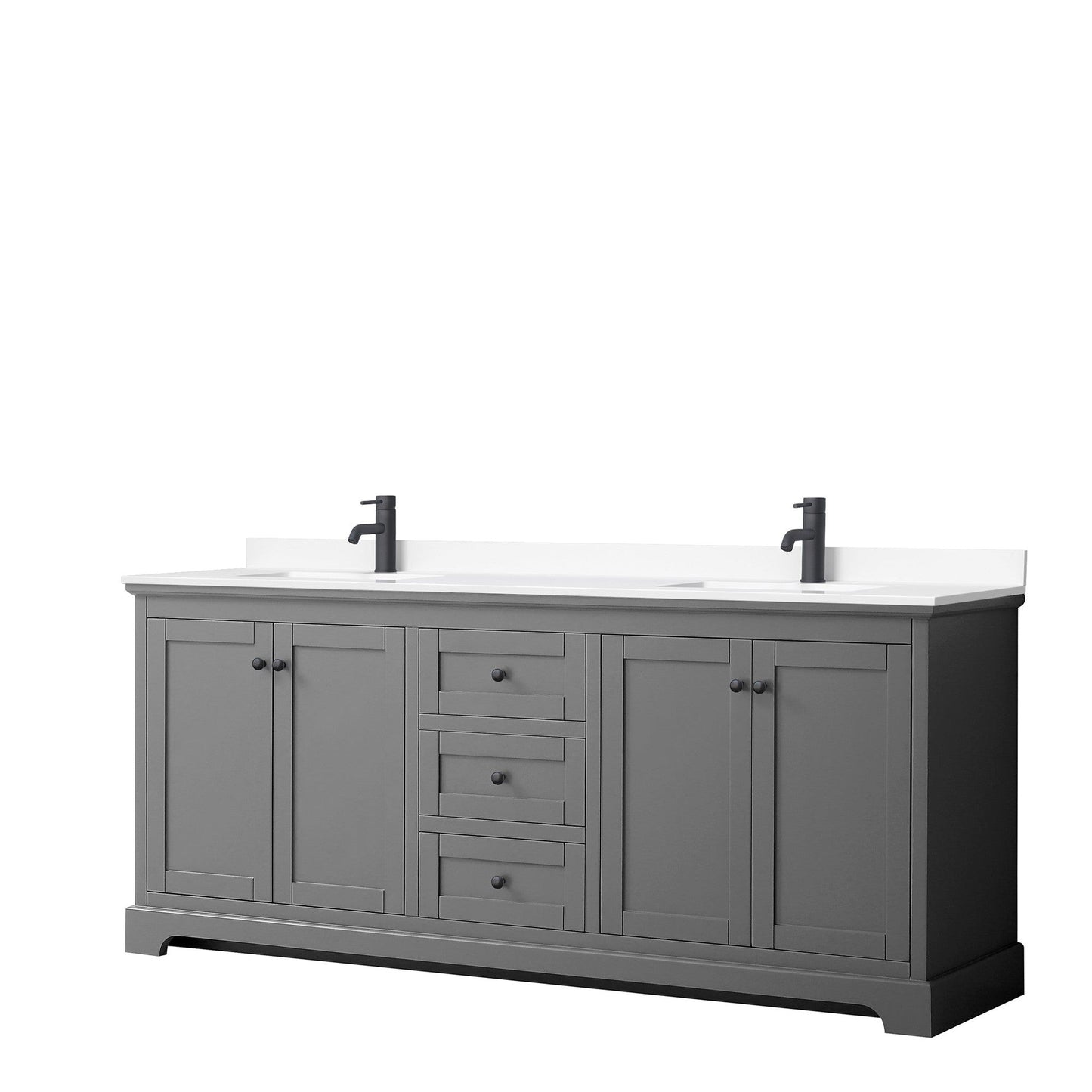 Wyndham Collection Avery 80" Double Bathroom Vanity in Dark Gray, White Cultured Marble Countertop, Undermount Square Sinks, Matte Black Trim