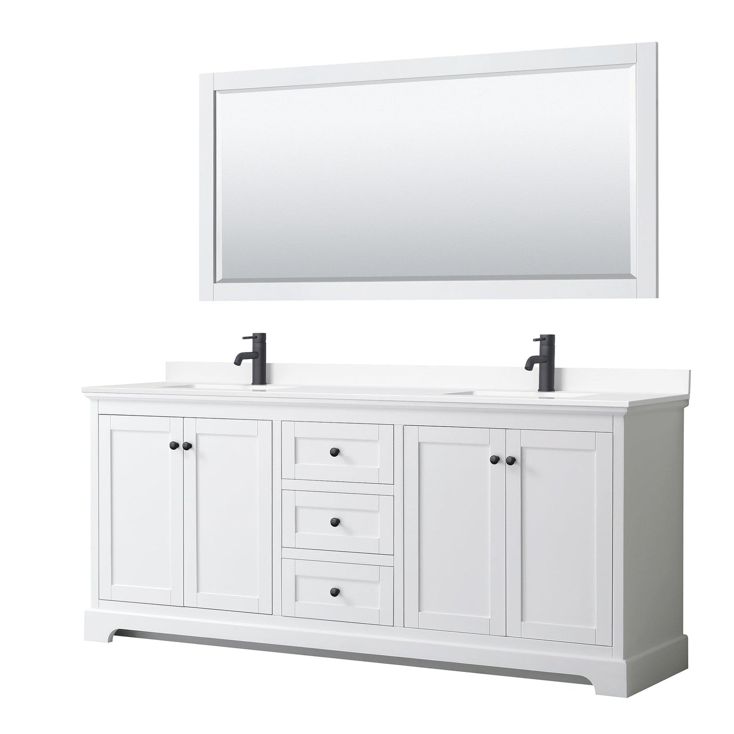 Wyndham Collection Avery 80" Double Bathroom Vanity in White, White Cultured Marble Countertop, Undermount Square Sinks, Matte Black Trim, 70" Mirror