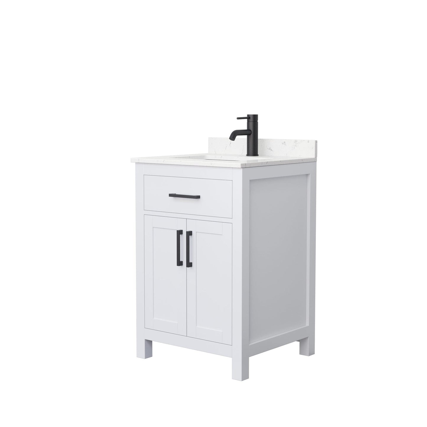 Wyndham Collection Beckett 24" Single Bathroom Vanity in White, Carrara Cultured Marble Countertop, Undermount Square Sink, Matte Black Trim