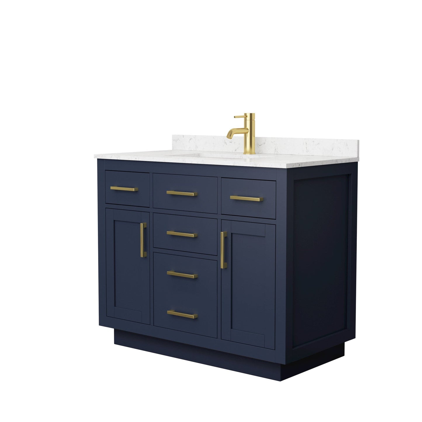 Wyndham Collection Beckett 42" Single Bathroom Vanity With Toe Kick in Dark Blue, Carrara Cultured Marble Countertop, Undermount Square Sink, Brushed Gold Trim