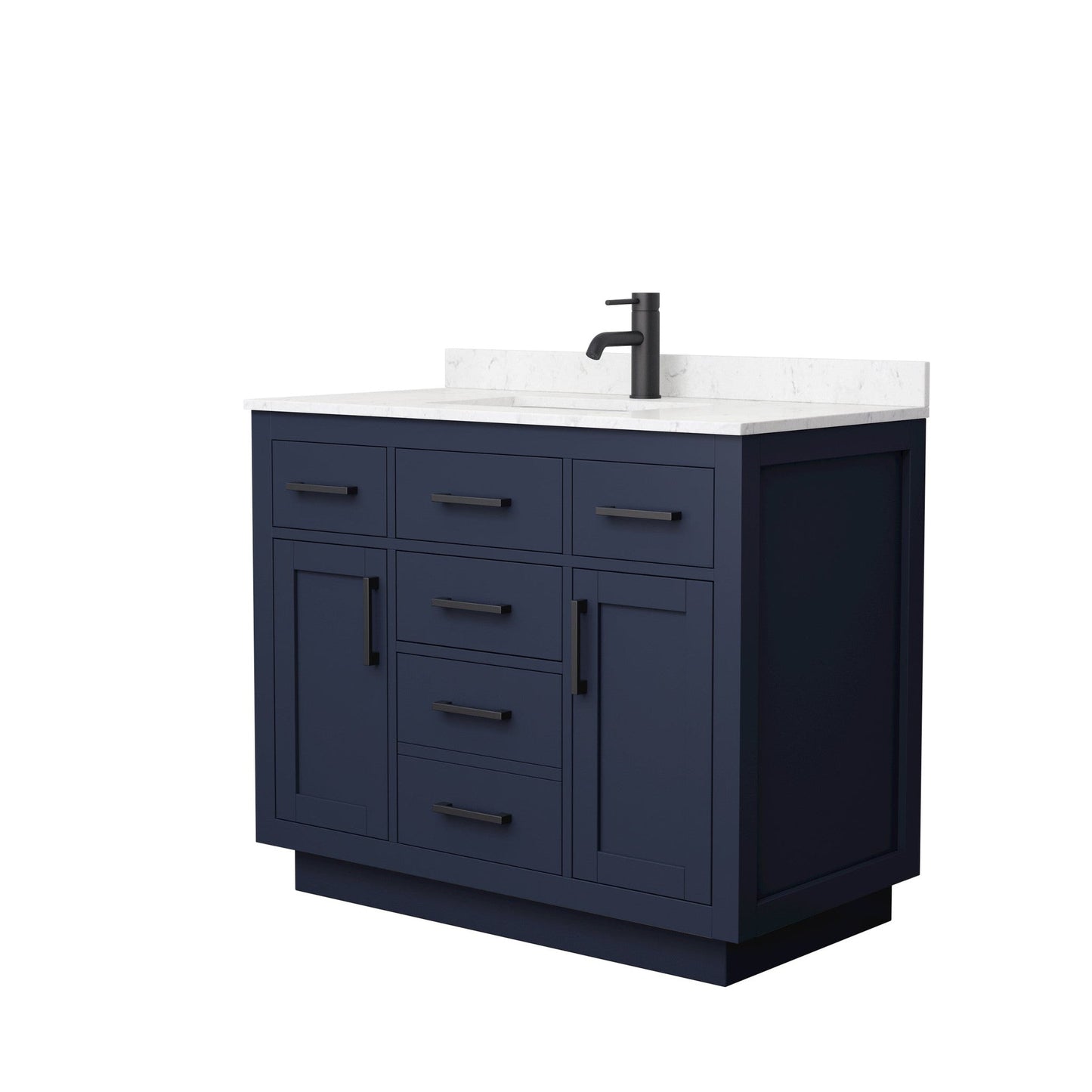 Wyndham Collection Beckett 42" Single Bathroom Vanity With Toe Kick in Dark Blue, Carrara Cultured Marble Countertop, Undermount Square Sink, Matte Black Trim