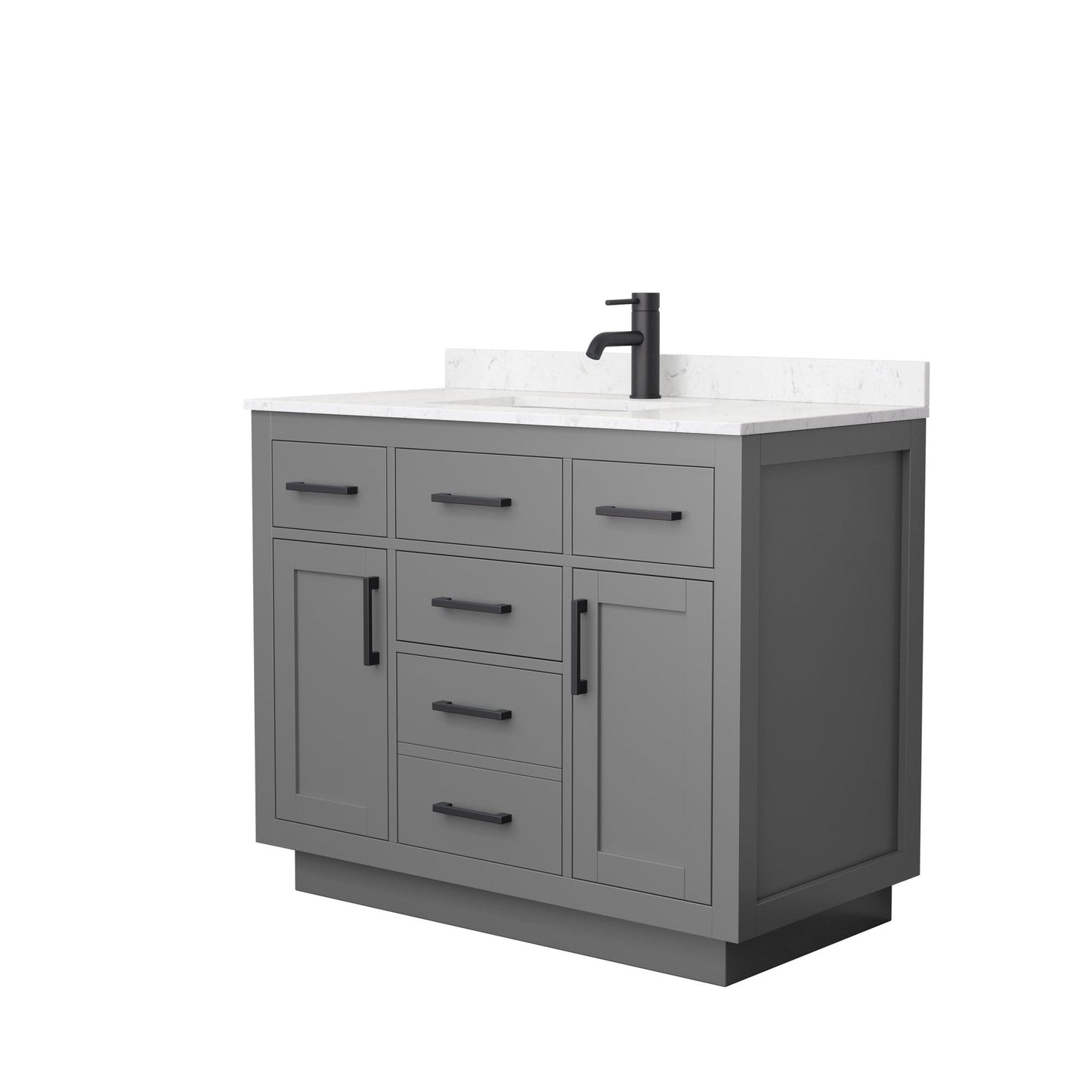Wyndham Collection Beckett 42" Single Bathroom Vanity With Toe Kick in Dark Gray, Carrara Cultured Marble Countertop, Undermount Square Sink, Matte Black Trim