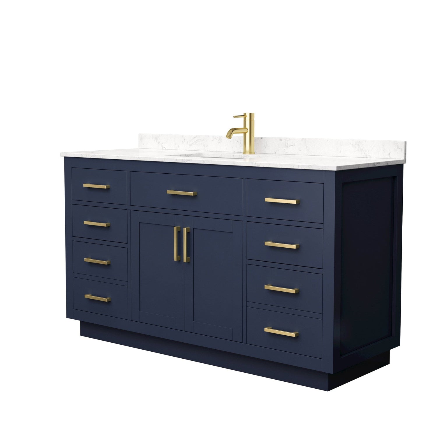 Wyndham Collection Beckett 60" Single Bathroom Vanity With Toe Kick in Dark Blue, Carrara Cultured Marble Countertop, Undermount Square Sink, Brushed Gold Trim