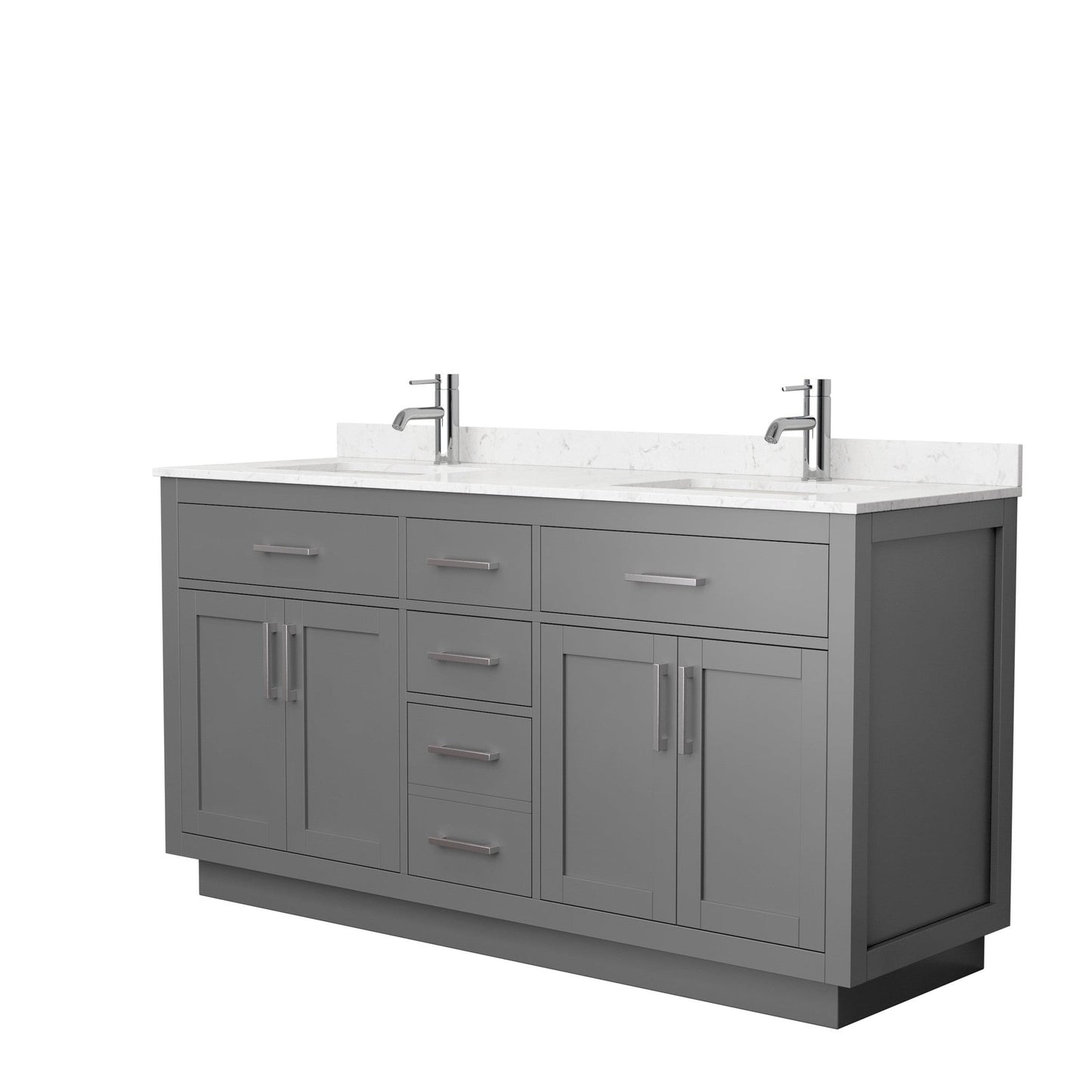 Wyndham Collection Beckett 66" Double Bathroom Vanity With Toe Kick in Dark Gray, Carrara Cultured Marble Countertop, Undermount Square Sinks, Brushed Nickel Trim