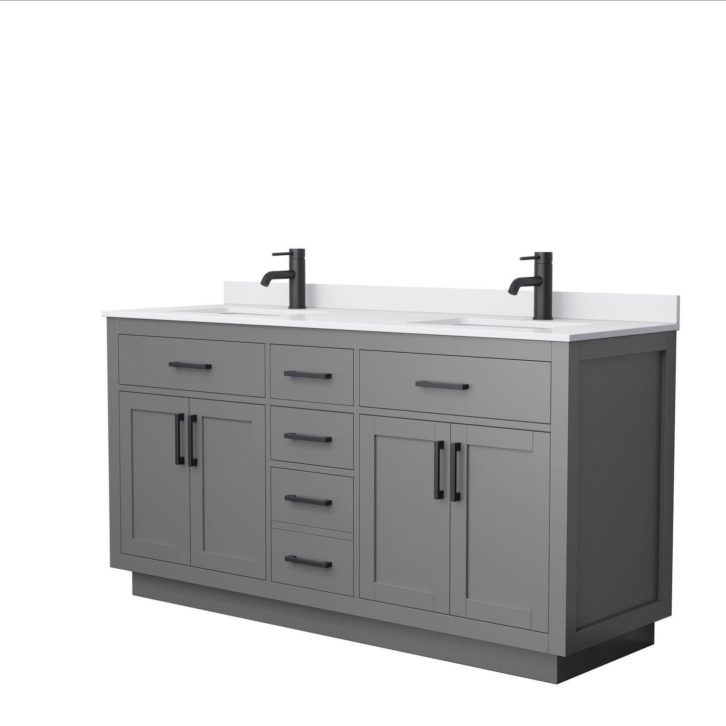 Wyndham Collection Beckett 66" Double Bathroom Vanity With Toe Kick in Dark Gray, White Cultured Marble Countertop, Undermount Square Sinks, Matte Black Trim