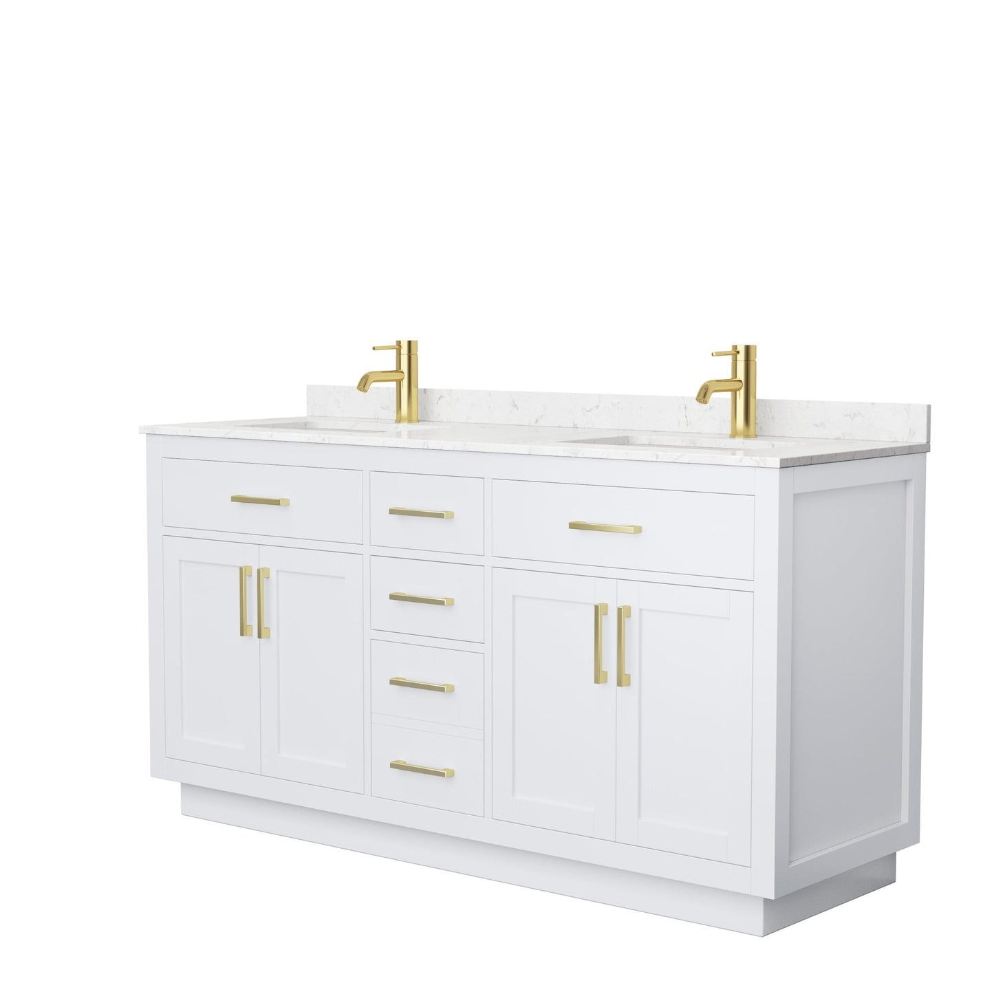 Wyndham Collection Beckett 66" Double Bathroom Vanity With Toe Kick in White, Carrara Cultured Marble Countertop, Undermount Square Sinks, Brushed Gold Trim