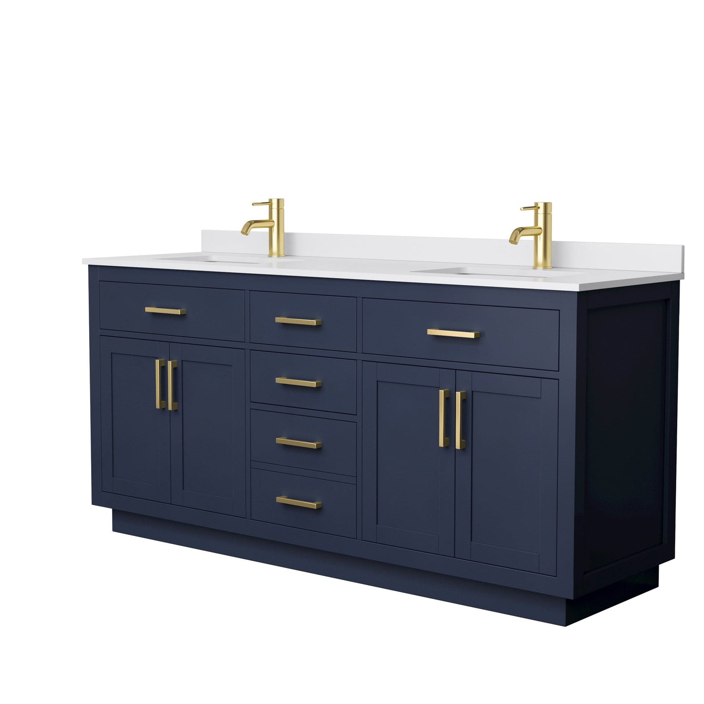Wyndham Collection Beckett 72" Double Bathroom Vanity With Toe Kick in Dark Blue, White Cultured Marble Countertop, Undermount Square Sinks, Brushed Gold Trim
