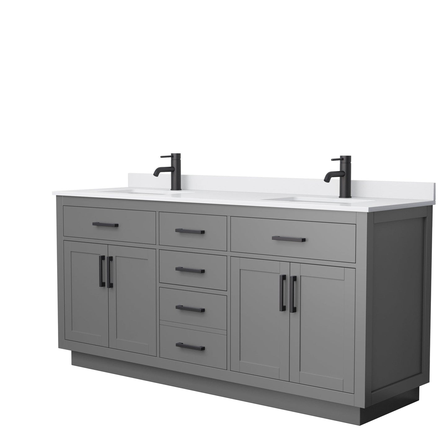 Wyndham Collection Beckett 72" Double Bathroom Vanity With Toe Kick in Dark Gray, White Cultured Marble Countertop, Undermount Square Sinks, Matte Black Trim