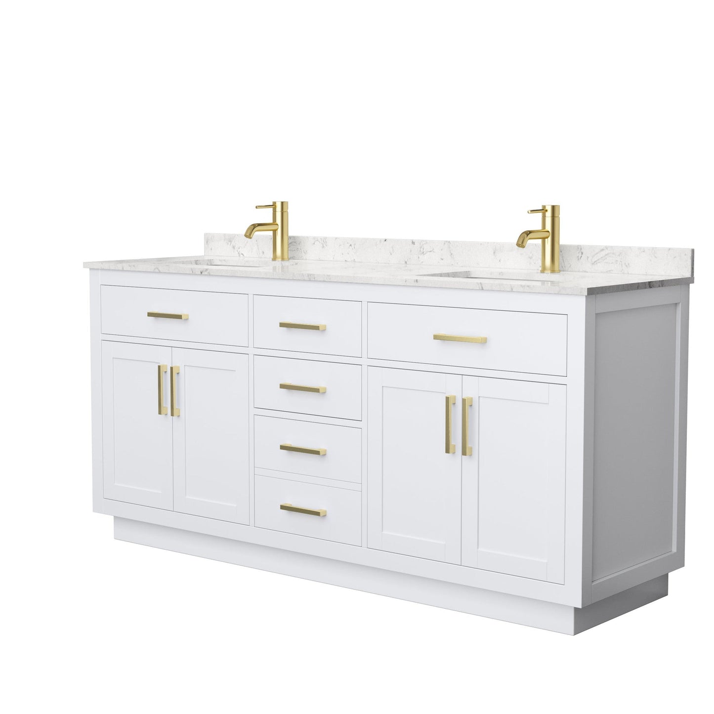 Wyndham Collection Beckett 72" Double Bathroom Vanity With Toe Kick in White, Carrara Cultured Marble Countertop, Undermount Square Sinks, Brushed Gold Trim
