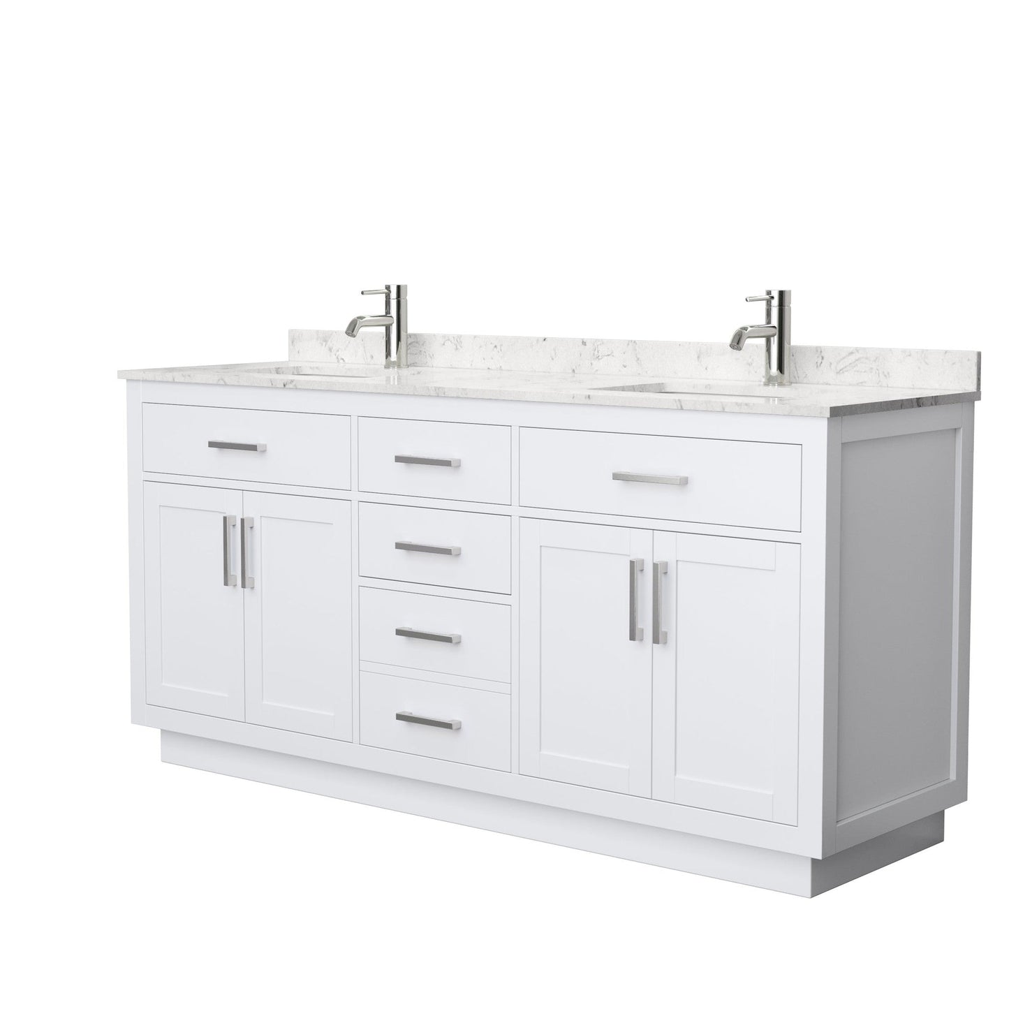 Wyndham Collection Beckett 72" Double Bathroom Vanity With Toe Kick in White, Carrara Cultured Marble Countertop, Undermount Square Sinks, Brushed Nickel Trim