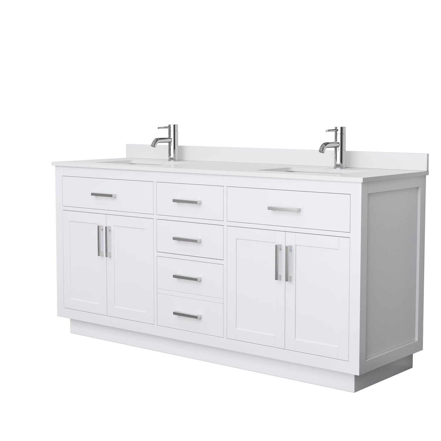 Wyndham Collection Beckett 72" Double Bathroom Vanity With Toe Kick in White, White Cultured Marble Countertop, Undermount Square Sinks, Brushed Nickel Trim