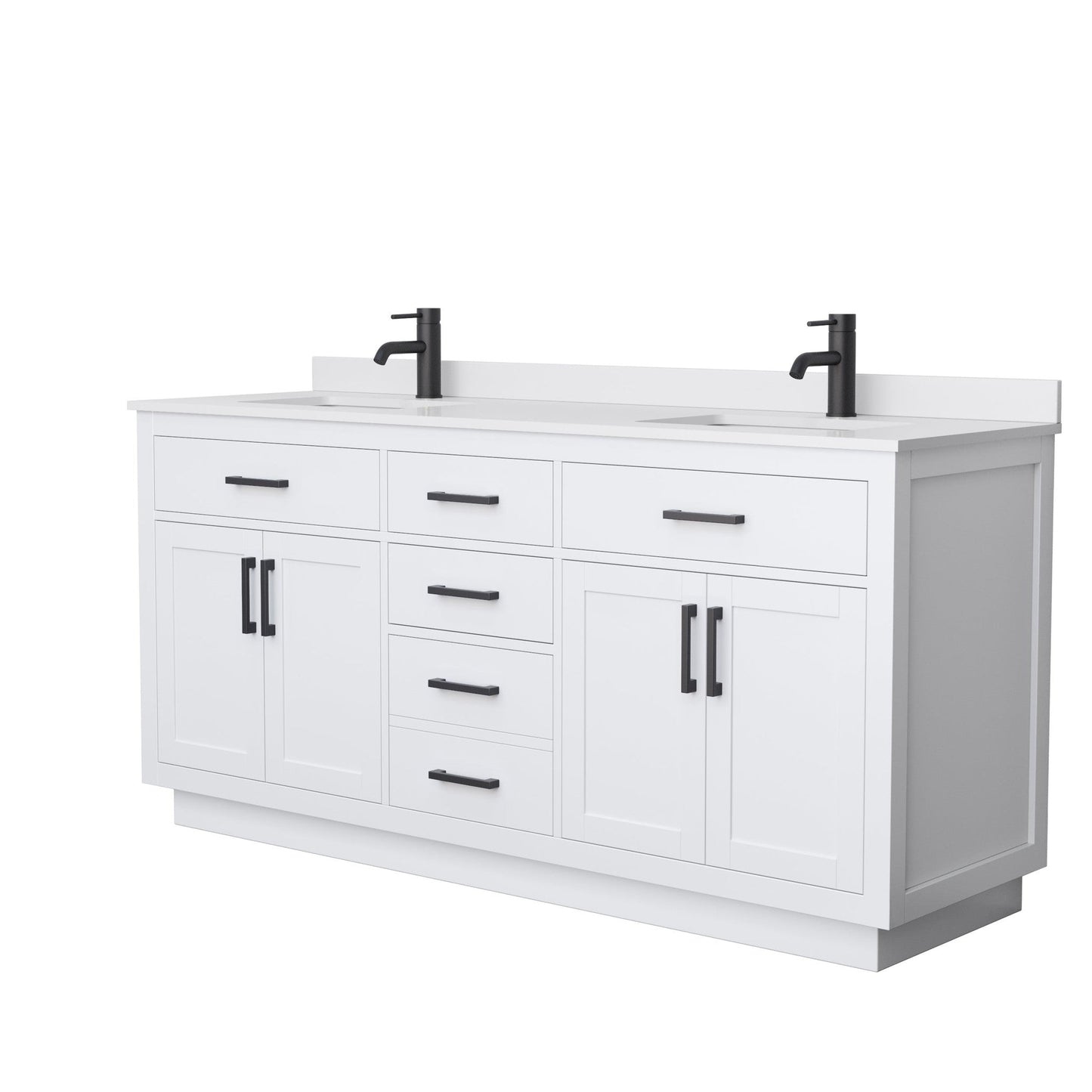 Wyndham Collection Beckett 72" Double Bathroom Vanity With Toe Kick in White, White Cultured Marble Countertop, Undermount Square Sinks, Matte Black Trim