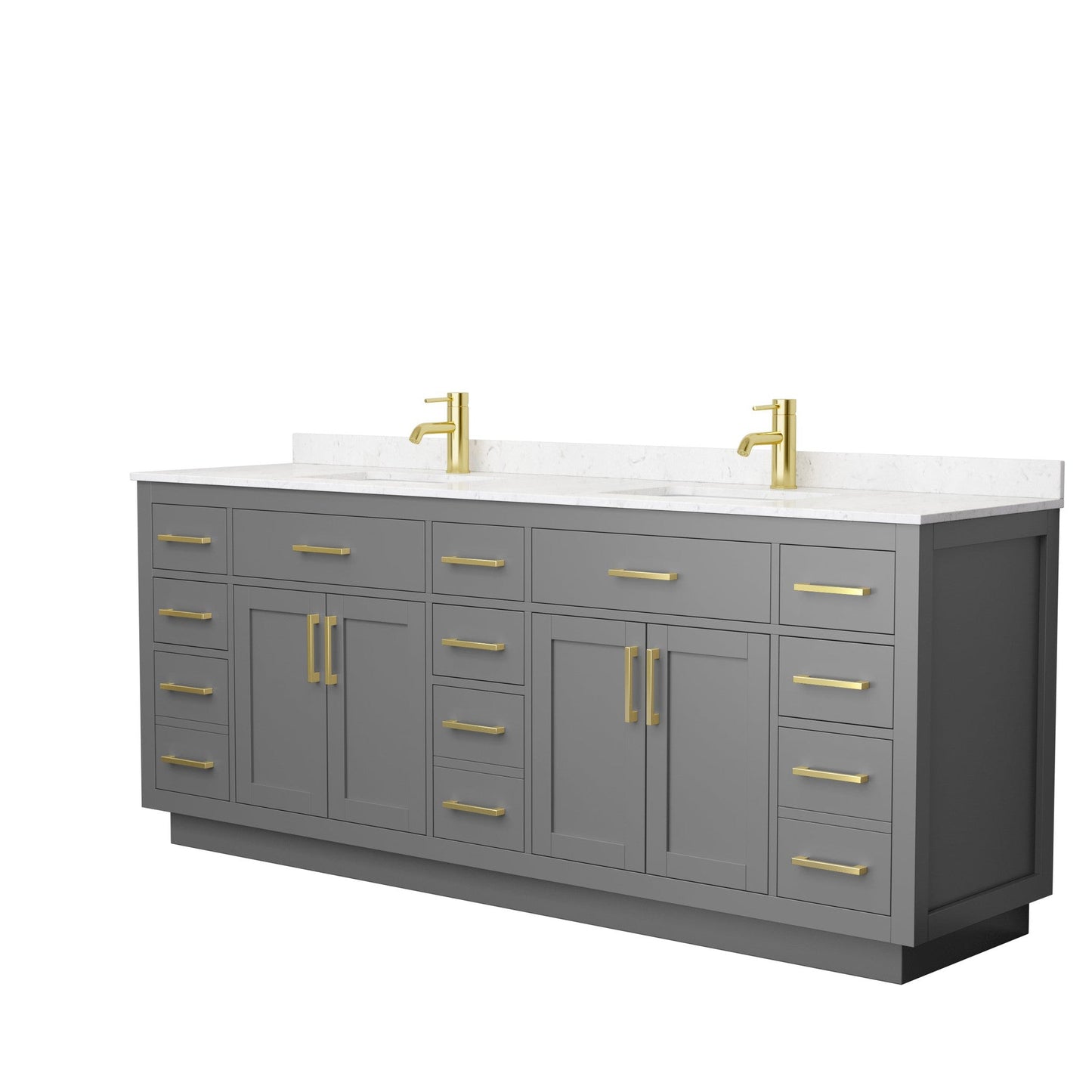 Wyndham Collection Beckett 84" Double Bathroom Vanity With Toe Kick in Dark Gray, Carrara Cultured Marble Countertop, Undermount Square Sinks, Brushed Gold Trim