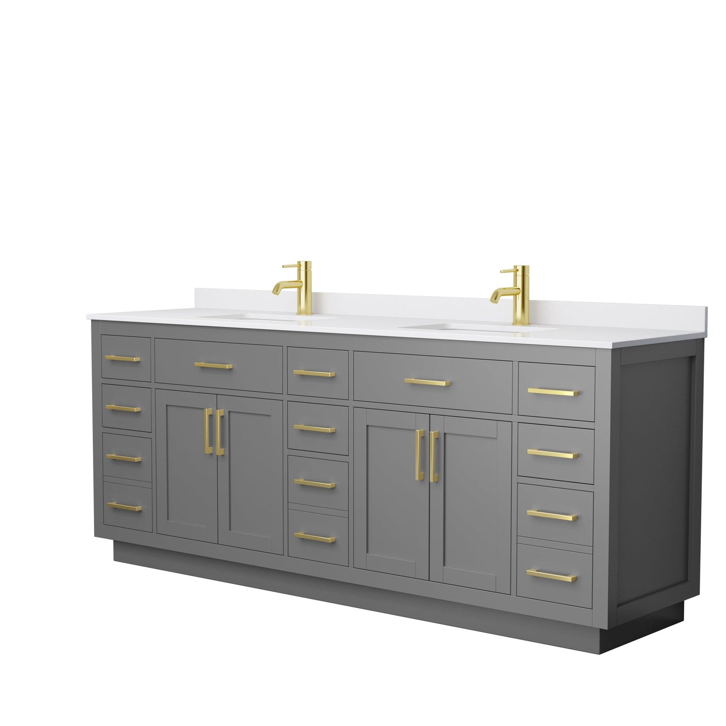 Wyndham Collection Beckett 84" Double Bathroom Vanity With Toe Kick in Dark Gray, White Cultured Marble Countertop, Undermount Square Sinks, Brushed Gold Trim