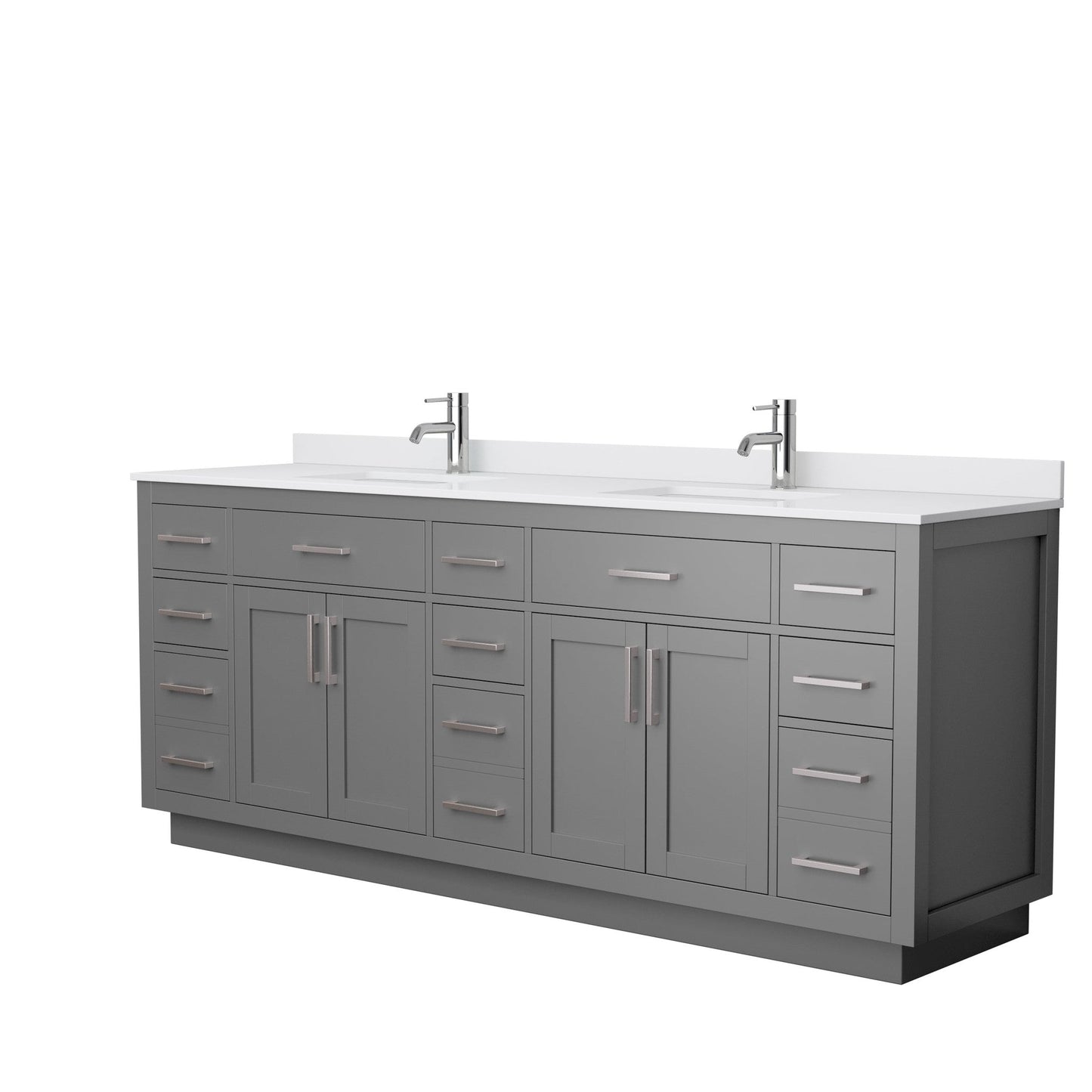 Wyndham Collection Beckett 84" Double Bathroom Vanity With Toe Kick in Dark Gray, White Cultured Marble Countertop, Undermount Square Sinks, Brushed Nickel Trim