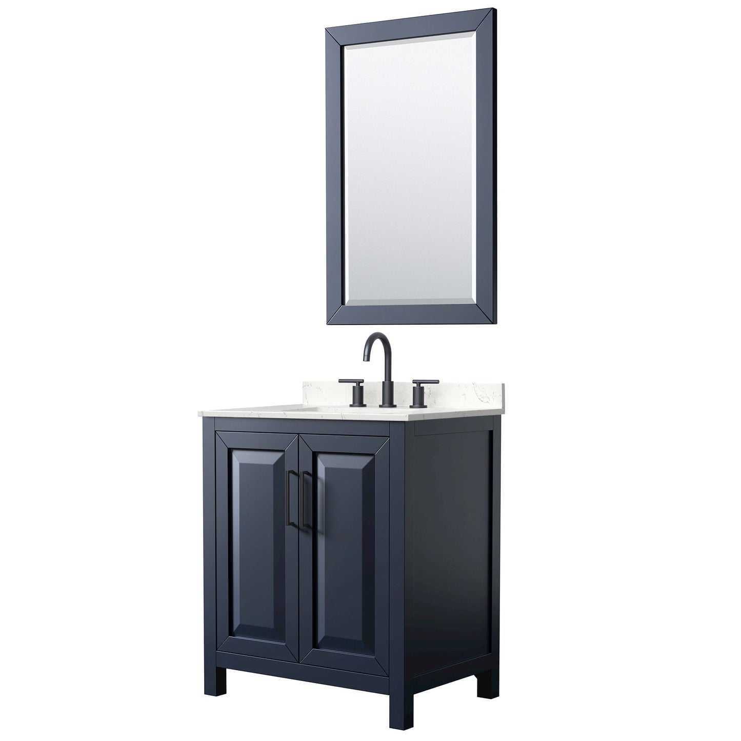 Wyndham Collection Daria 30" Single Bathroom Vanity in Dark Blue, Carrara Cultured Marble Countertop, Undermount Square Sink (3-Hole), Matte Black Trim, 24" Mirror