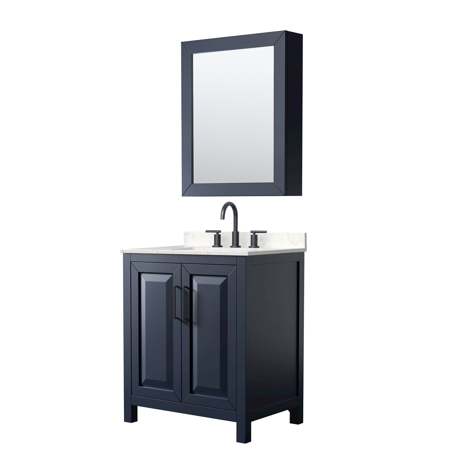 Wyndham Collection Daria 30" Single Bathroom Vanity in Dark Blue, Carrara Cultured Marble Countertop, Undermount Square Sink (3-Hole), Matte Black Trim, Medicine Cabinet