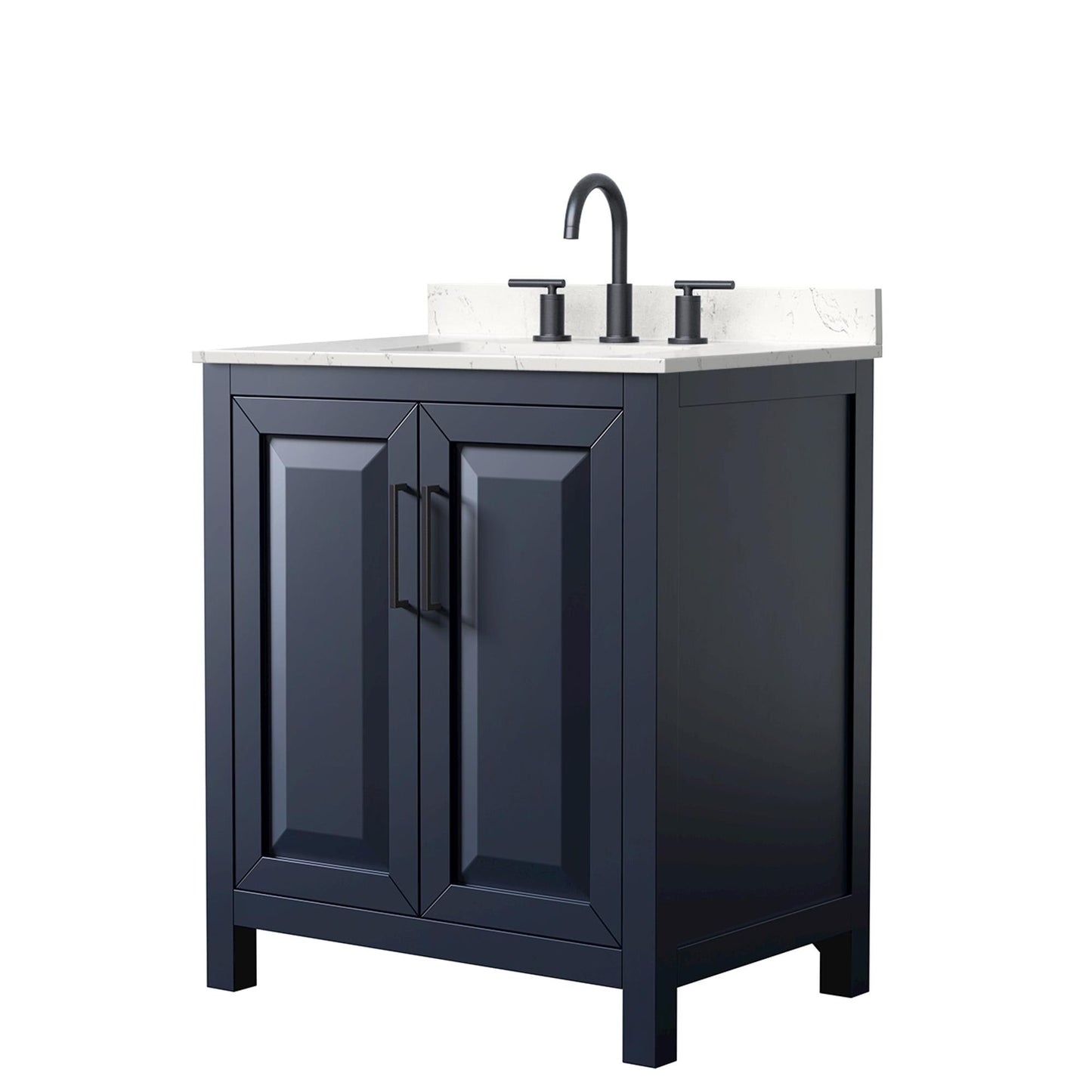 Wyndham Collection Daria 30" Single Bathroom Vanity in Dark Blue, Carrara Cultured Marble Countertop, Undermount Square Sink (3-Hole), Matte Black Trim