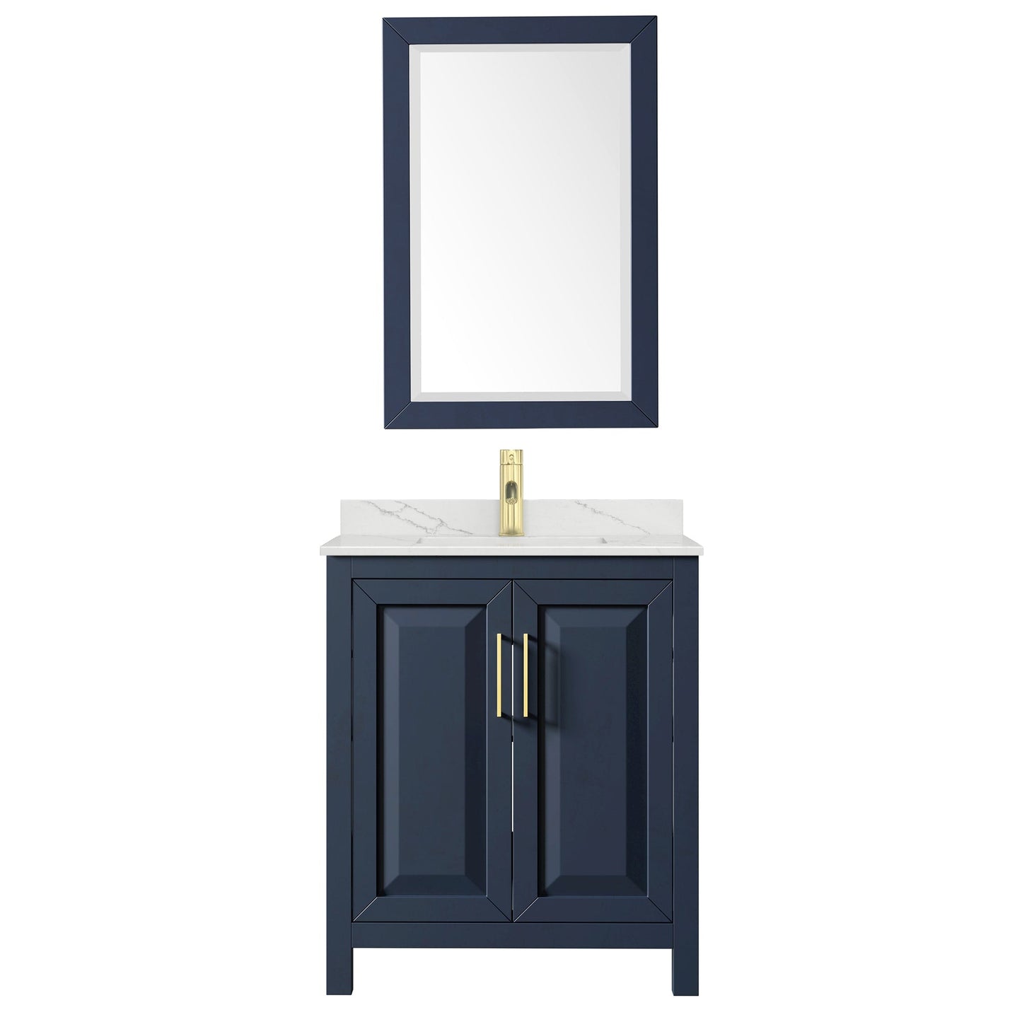 Wyndham Collection Daria 30" Single Bathroom Vanity in Dark Blue, Giotto Quartz Countertop, Undermount Square Sink (1-Hole), Brushed Gold Trim, 24" Mirror