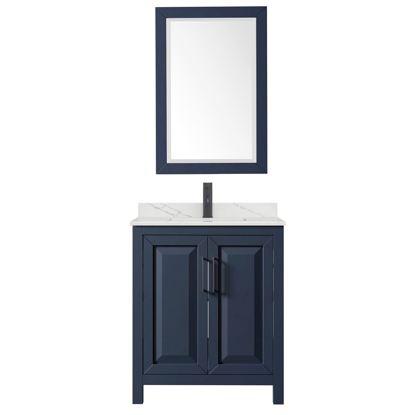 Wyndham Collection Daria 30" Single Bathroom Vanity in Dark Blue, Giotto Quartz Countertop, Undermount Square Sink (1-Hole), Matte Black Trim, 24" Mirror
