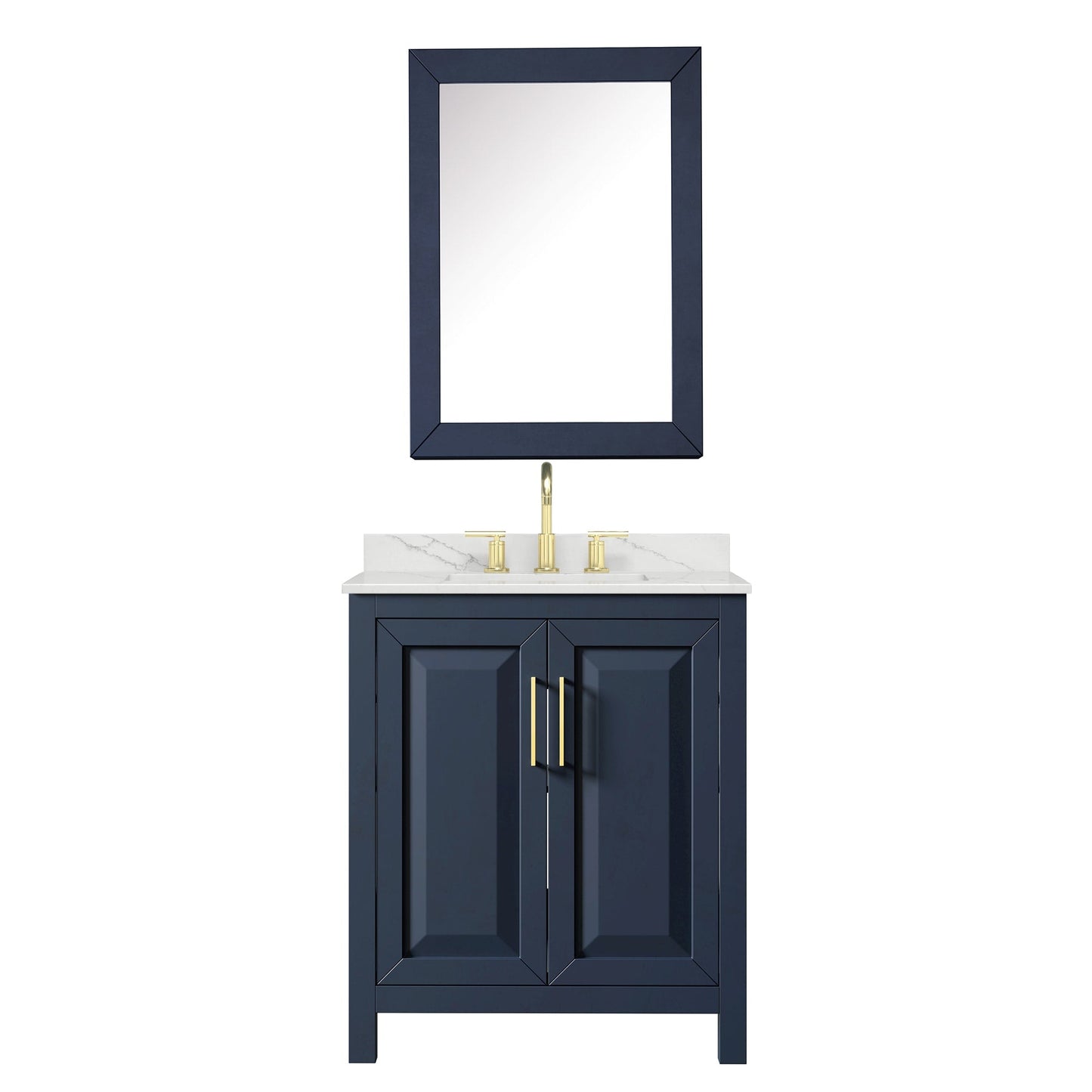 Wyndham Collection Daria 30" Single Bathroom Vanity in Dark Blue, Giotto Quartz Countertop, Undermount Square Sink (3-Hole), Brushed Gold Trim, Medicine Cabinet